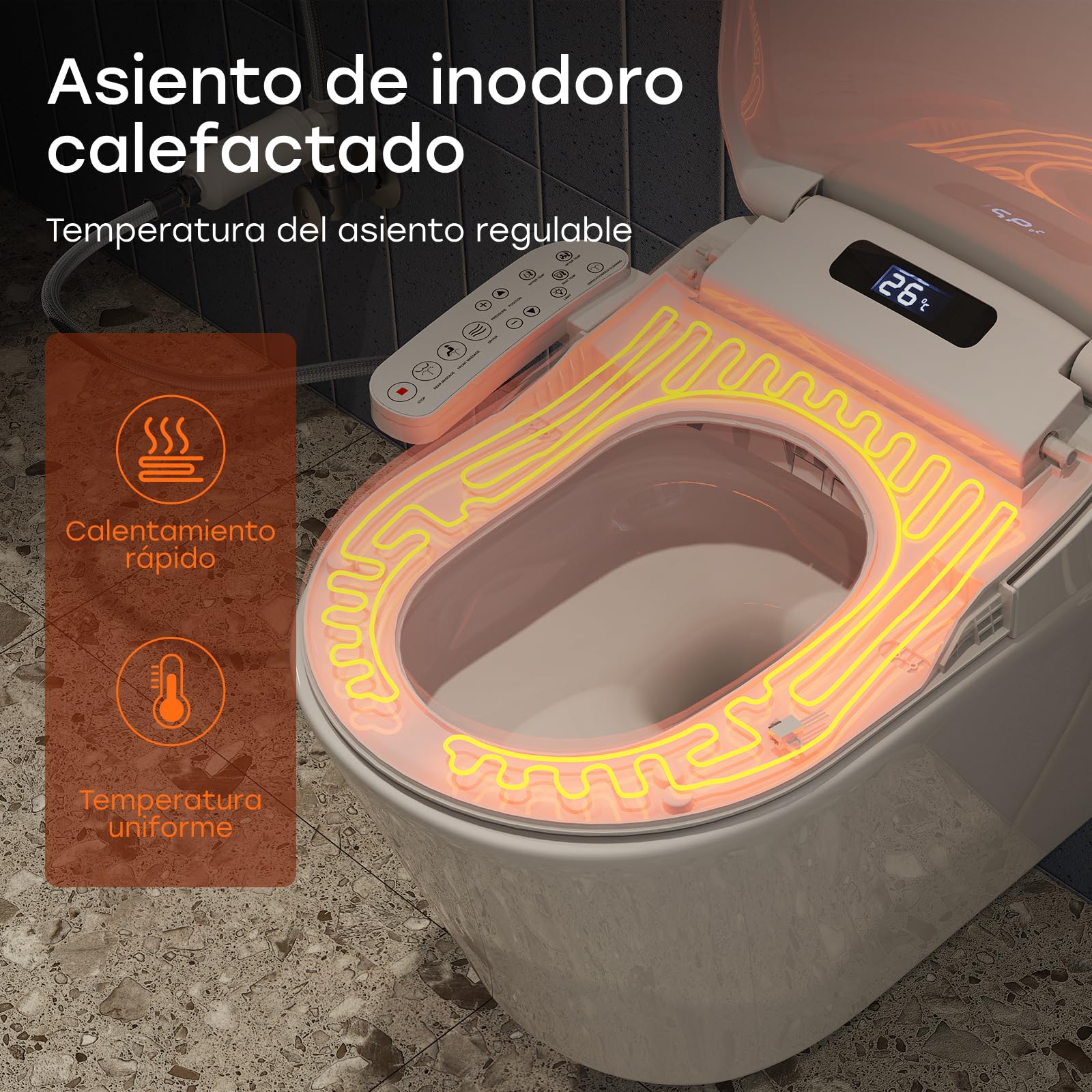 HOROW Asiento electrónico inteligente para bidé, asiento de inodoro con calefacción y control de temperatura, secadora integrada y luz nocturna, con filtro de agua, cierre suave y boquilla de
