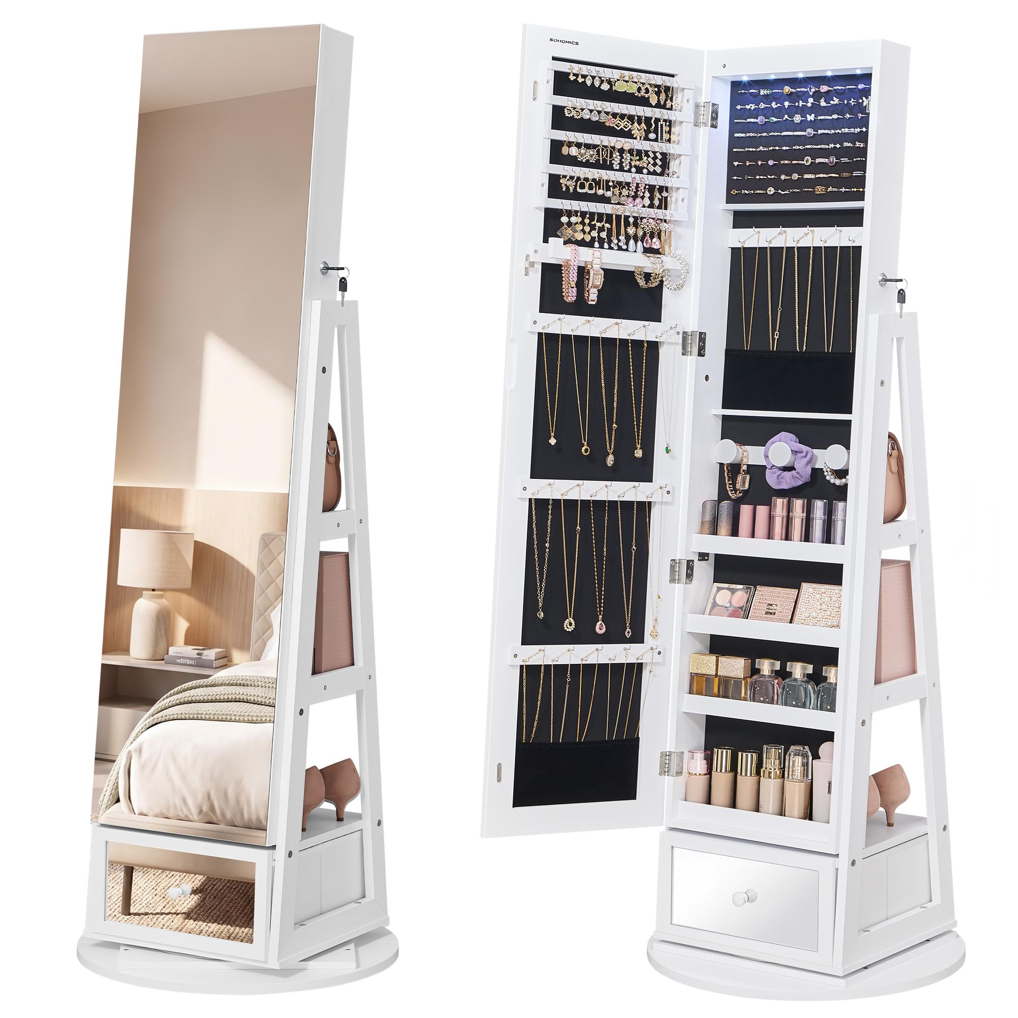 SONGMICS LED Jewelry Organizer, Full Length Mirror with Storage, Rotating