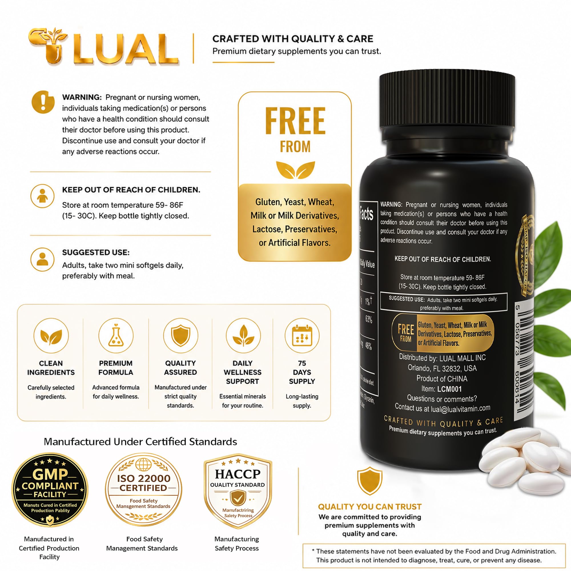 LUAL Calcium 600 mg with Vitamin D3 • Calcium Supplements for Women & Men — Amazon image 4