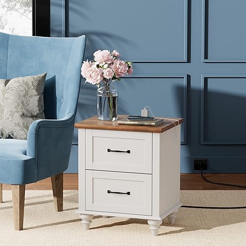 Miniatura 4 de WAMPAT Mesita de noche blanca para dormitorio con estación de carga, mesa auxiliar de mediados de siglo con 2 cajones, mesita de noche de madera