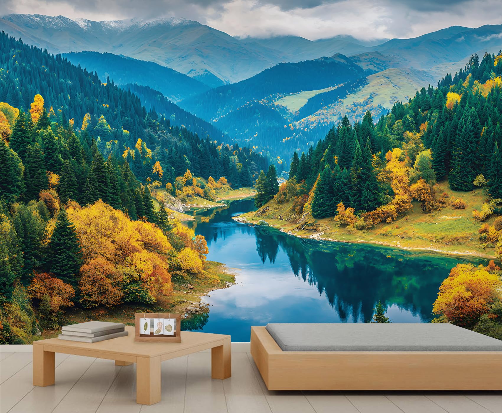 YEMYOR Forest Mural Wallpaper Nature Mountain Lake Wallpaper for TV and Sofa Background Fall Landscape Wall Mural for Living Room Bedroom-400x280cm — image 1