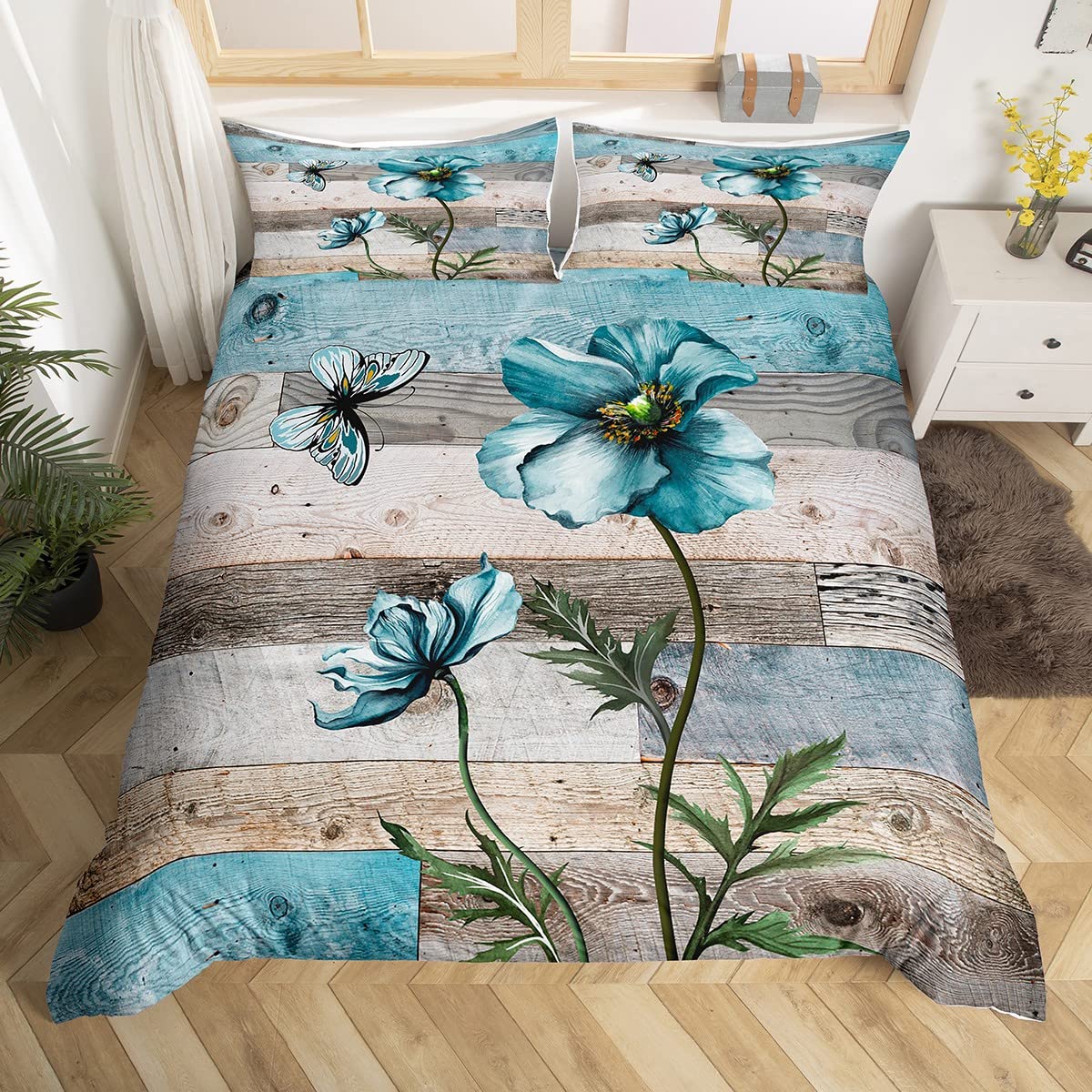 Manfei Farmhouse Duvet Cover Set Double Size, Watercolor Flower Butterfly Bedding Set 3pcs for Kids Boys Girls Room Decor, Blue Grey Wooden Board Comforter Cover Rustic Quilt Cover with 2 Pillowcases