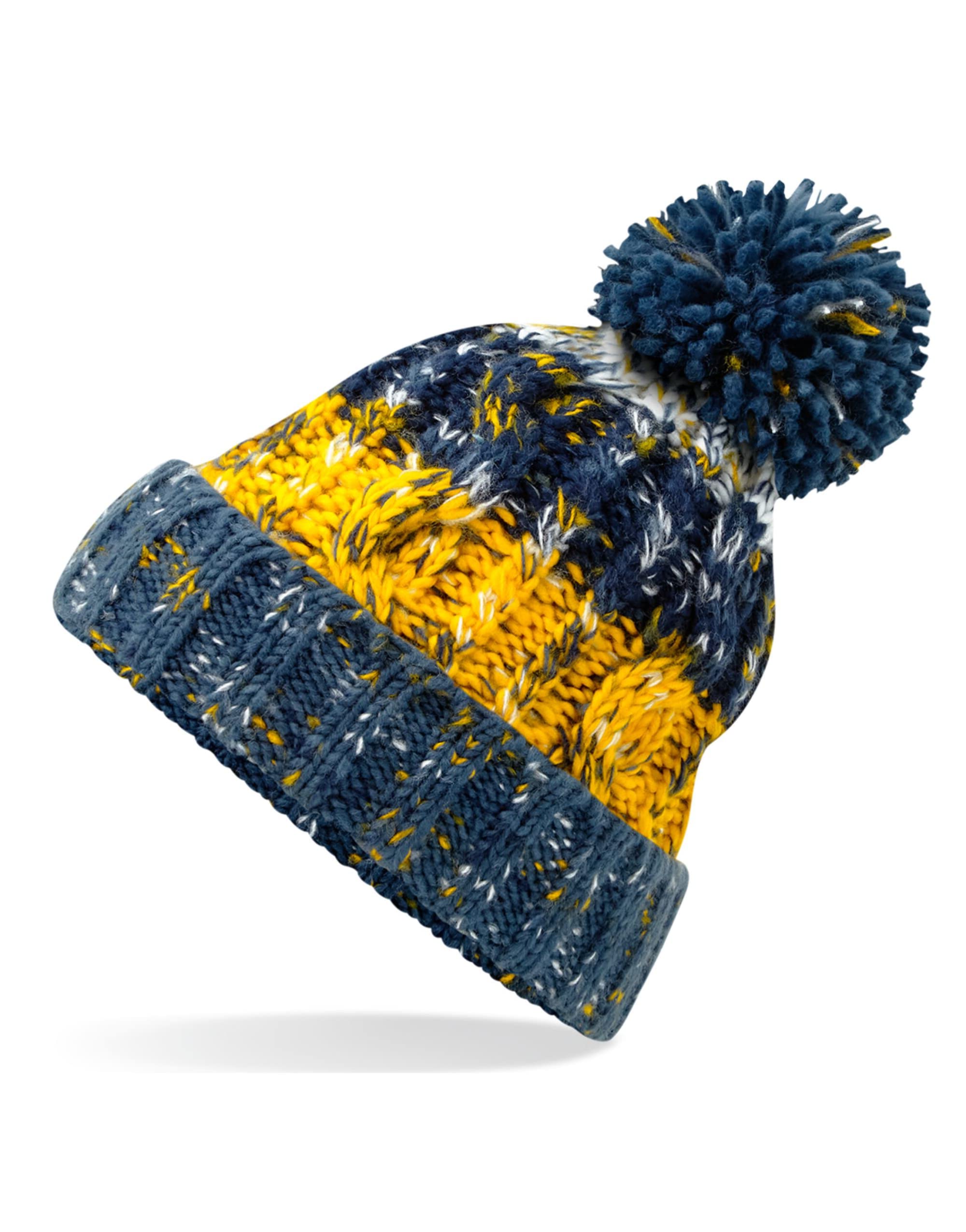 Aremie Cable Knitted Bobble Hat, Mens Womens Beanie Hat, Warm Winter Pom Pom Wooly Cap, Yellow, Navy Blue, Multicolour