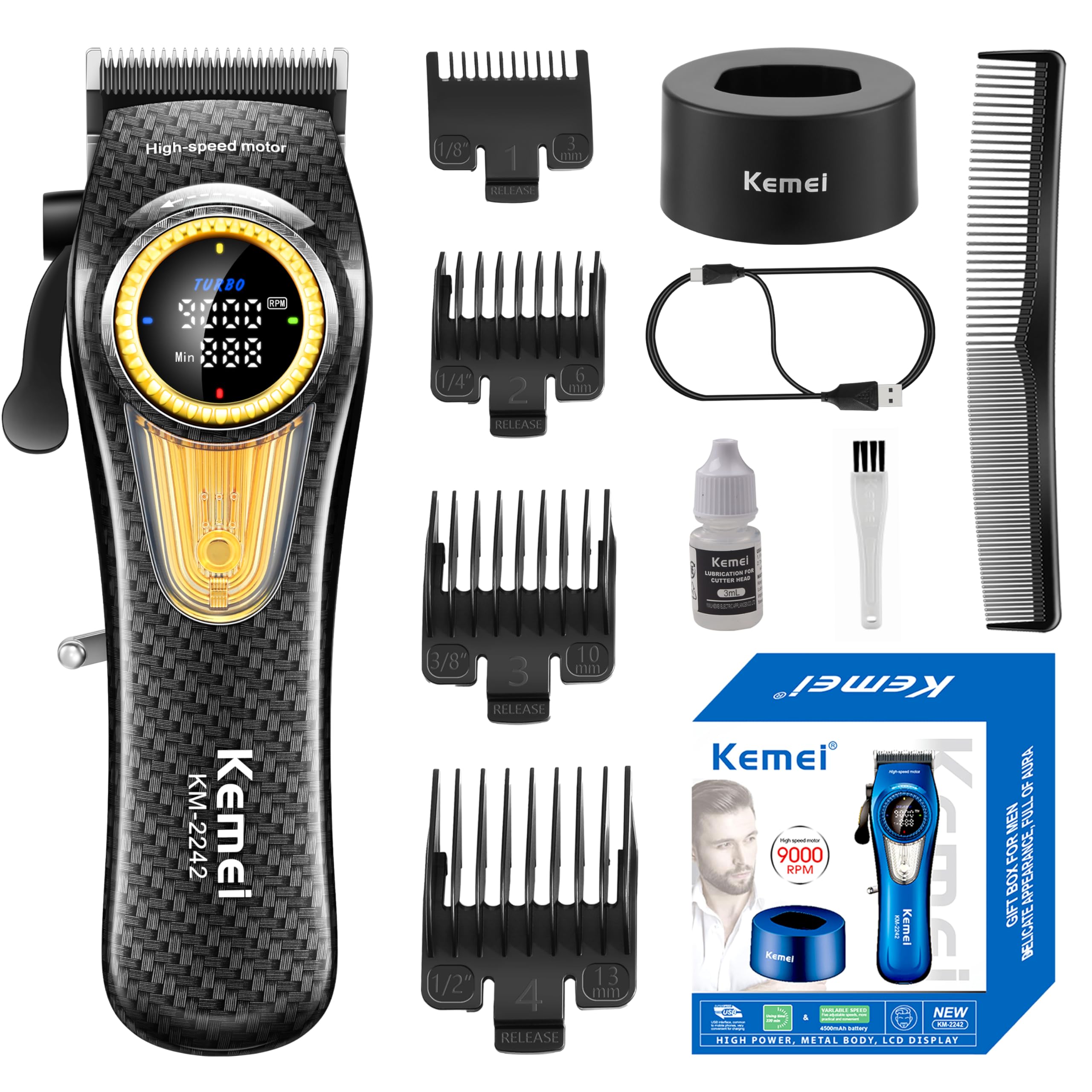 KEMEI 2242 Professionelle Haarschneidemaschine für Männer, schnurlose Friseurschermaschine mit LED-Anzeige & Ladestation, Haarschneidewerkzeuge, 9000 U/min Super Drehmomentmotor, Schwarz | Mit LED-Display & Ladestation, Haarschneidewerkzeuge, 9000 U/min S