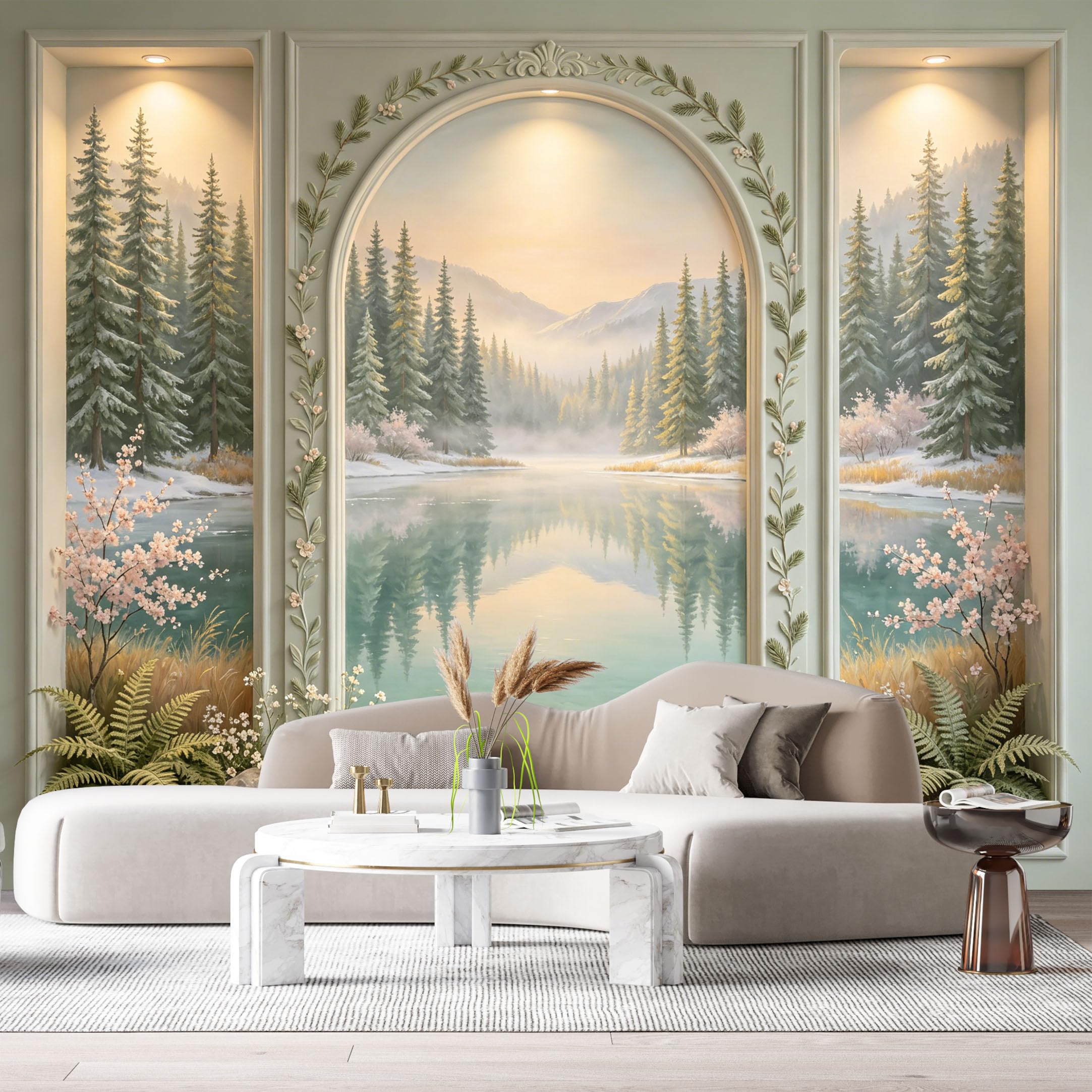 Custom Size Wall Murals Mountain Lake Pine Forest Archway 3D Trompe L'Oeil SelfAdhesiveWall Fabric Removable Wallpaper Wall Decor for Living Room Bedroom Bathroom