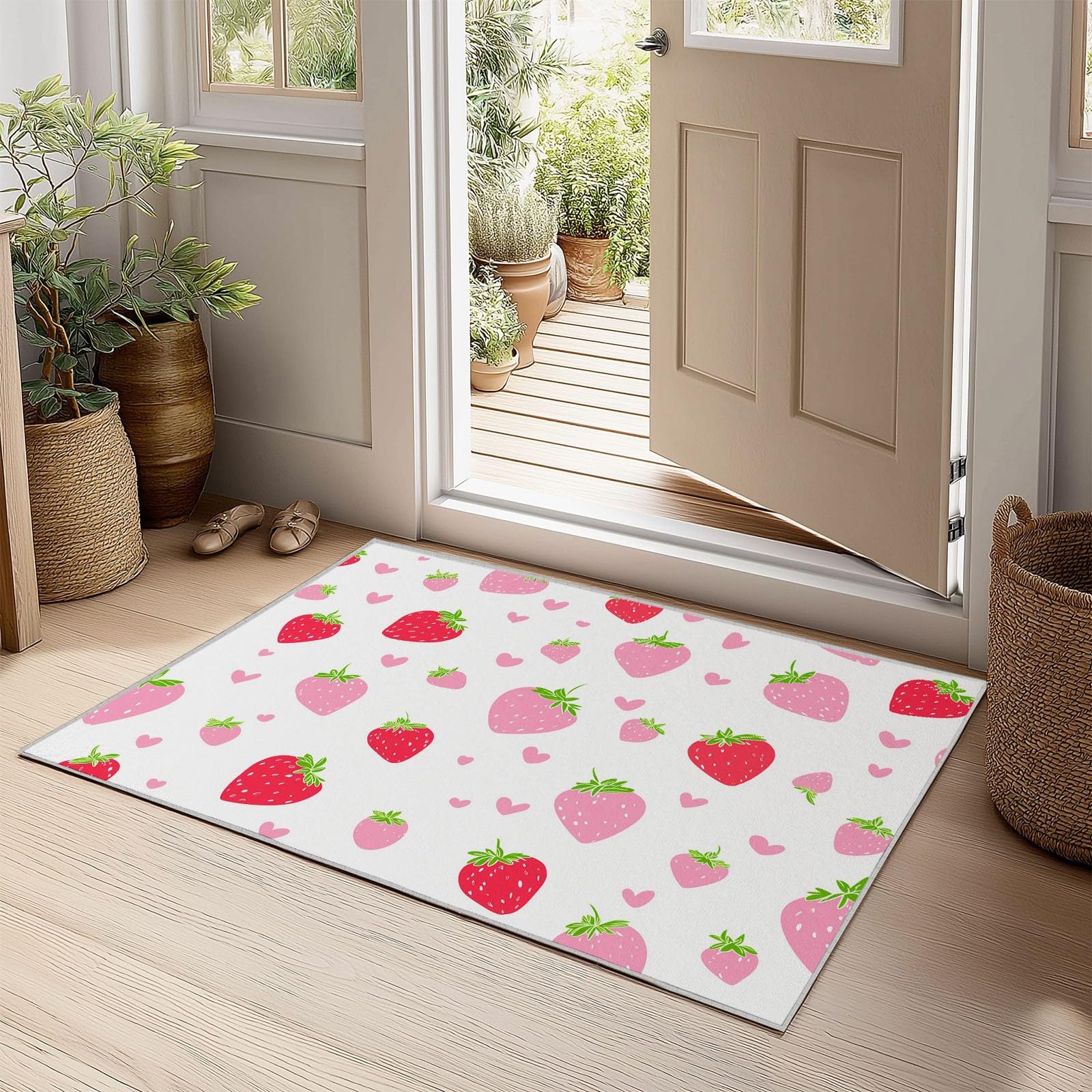 Dywan dziecięcy dla dziewczynek, dzieci, 80 x 150 cm, flanela, można prać w pralce, antypoślizgowy, hipoalergiczny, urocza truskawka, owoce, styl, pokój zabaw, przedszkole, sypialnia