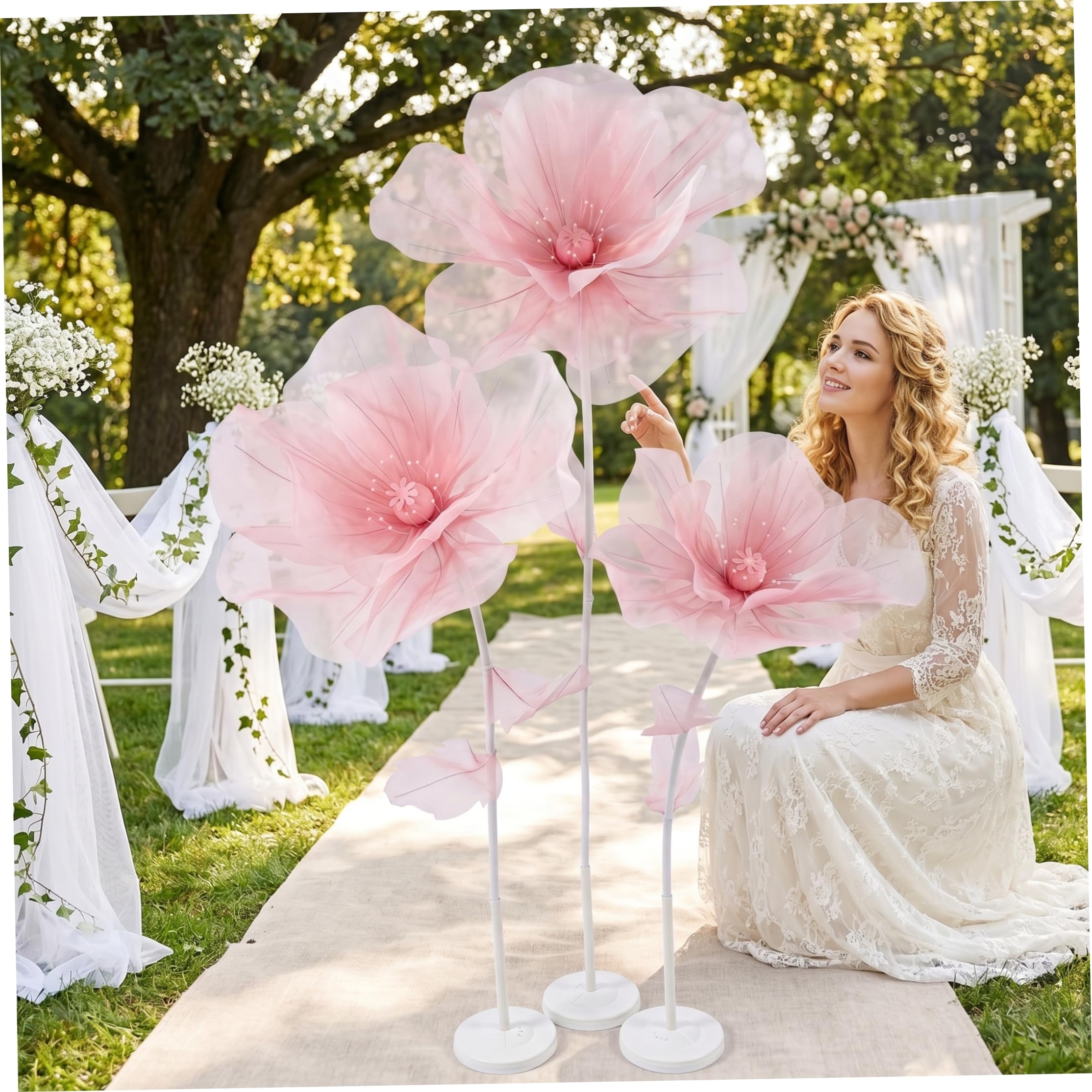 Latemeia Giant Flowers for Decoration with Stand, 9.8inch 3 Heads Giant Organza Flower, Large Flower Backdrop Decoration for Garden, Hotel, Photography Props, Wedding Decorations (Style 1)