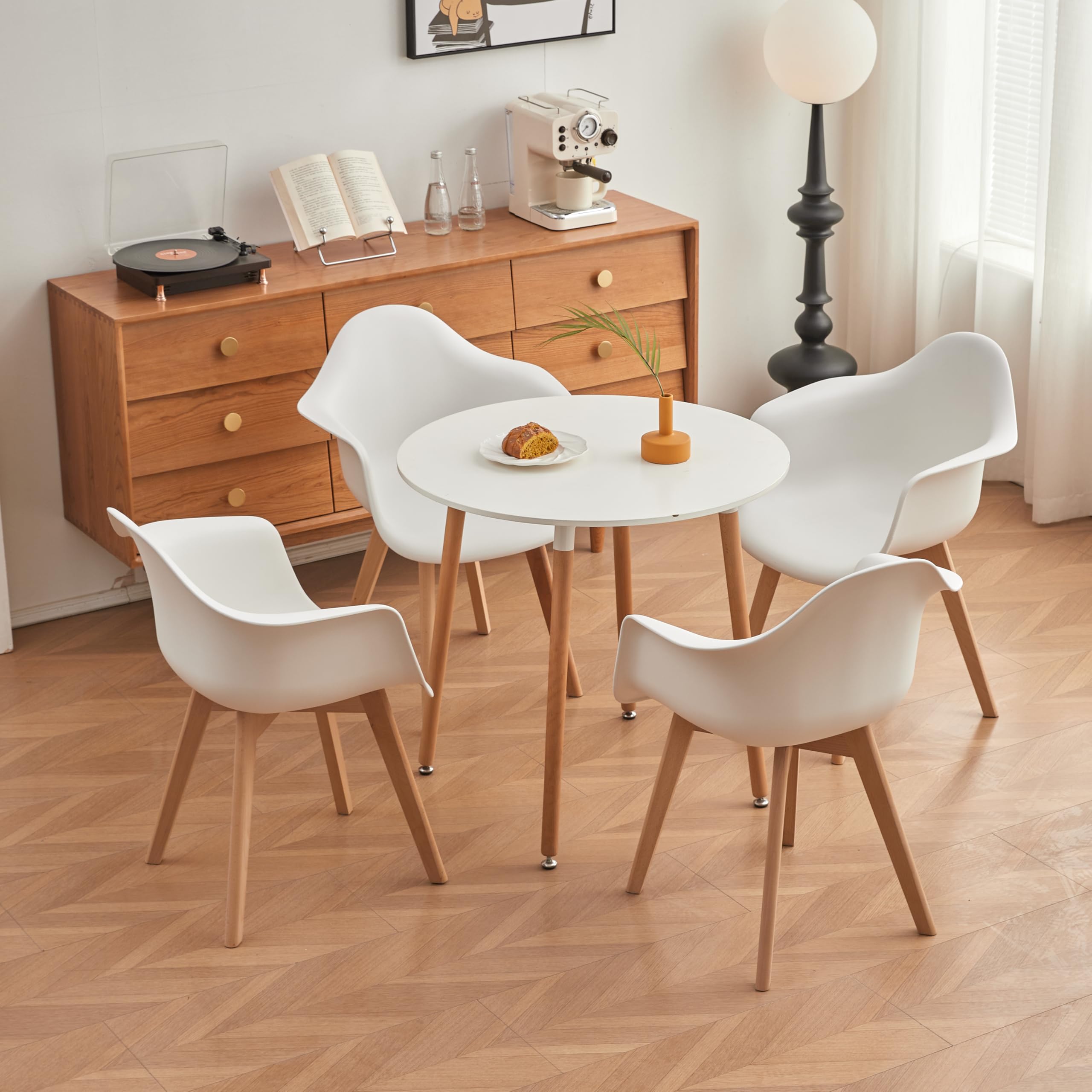 GrandCA HOME Lot de 4 Chaises de Salle à Manger Fauteuils avec Pieds en Bois, Siège en Polypropylène Premuim, Chaises de Cuisine avec Accoudoir pour Salon, Salon Bureau (4, Blanc)