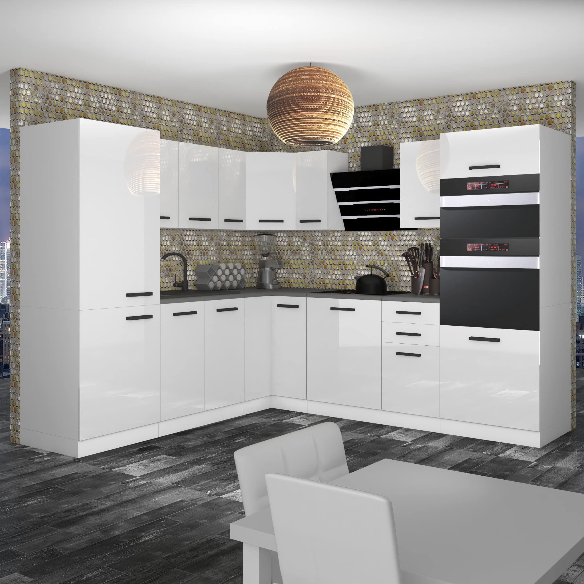 Belini Cuisine Forme L Stacy, avec Plan de Travail, Blanc Très Brillant