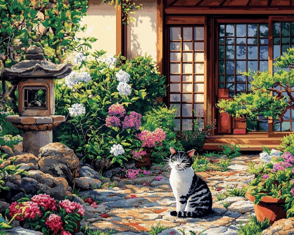 AxiangziK Beginners Stamped Cross Stitch Kits 12x16inch,Cats and Flower pots in the Yard Range of Embroidery Starter Kits for DIY Printed Cross Stitch Pattern 11CT Needlepoint