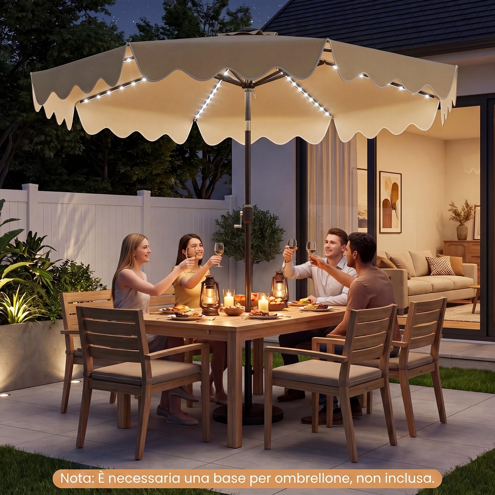 COSTWAY Ombrellone Giardino 280 cm, 104 Luci, Inclinabile 30° | 8 Stecche in Metallo, Anti- UV, Parte Superiore Ventilata e Manovella, per Balcone Terrazzo Piscina