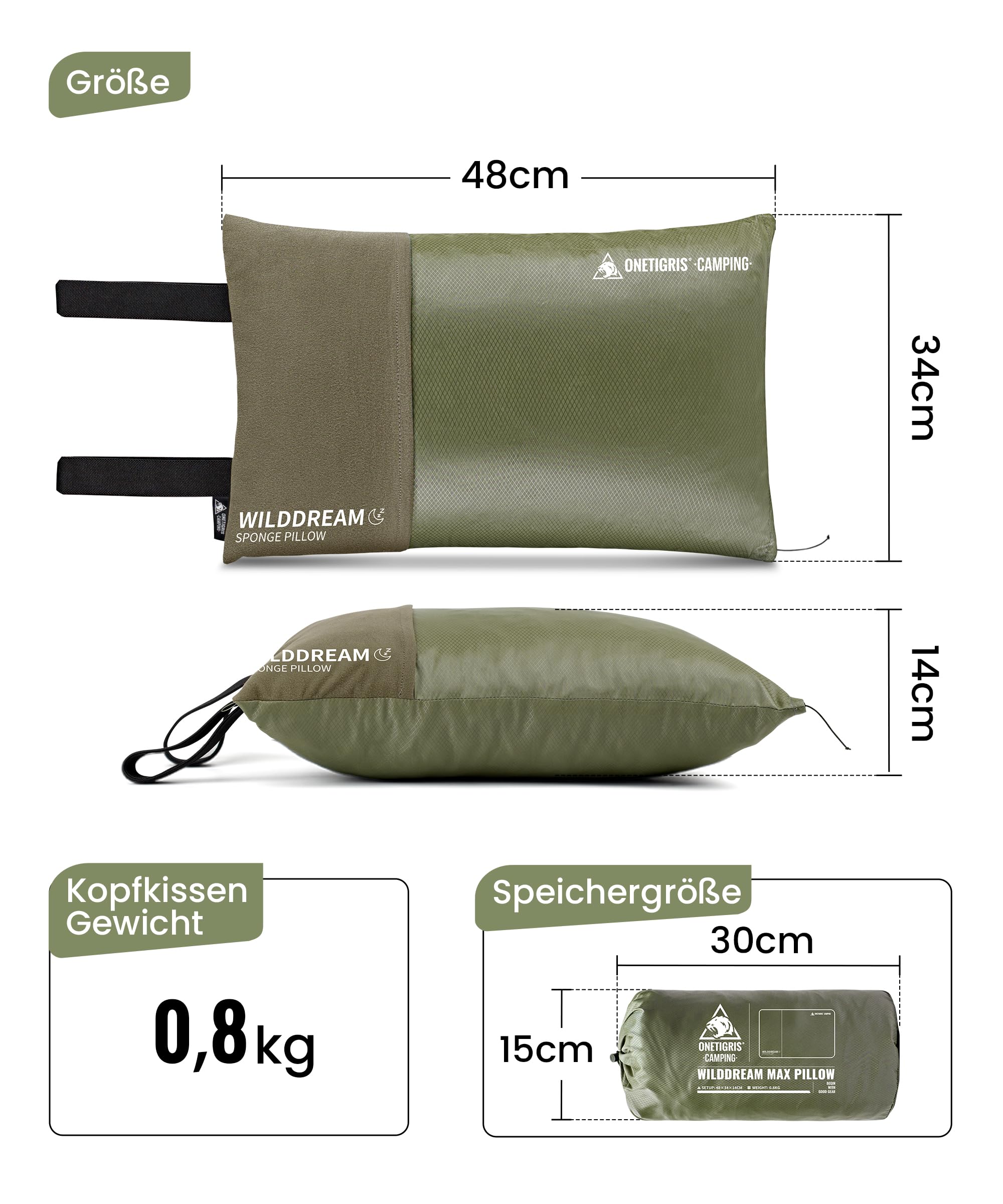 OneTigris WILDDREAM Cuscino per esterni, cuscino da viaggio in memory foam, 48 x 34 x 14 cm | verde, cuscino da campeggio, cuscino in memory foam triturato, comprimibile, per viaggi con zaino, auto e attività all'aperto