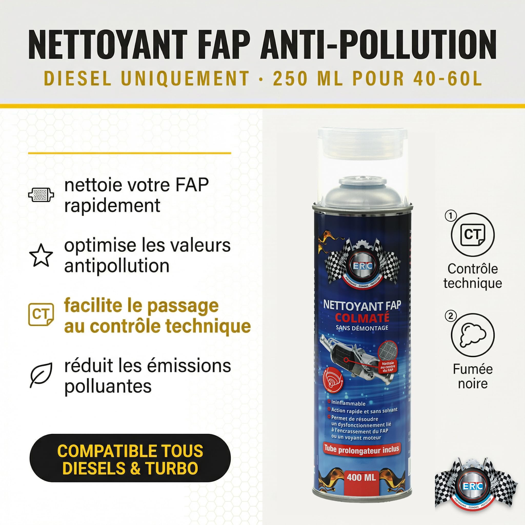ERC | Nettoyant FAP Colmaté Aérosol Diesel | Dissout Suies, Cendres, Dépôts de Carbone sans Démontage | Technologie Haute Pression avec Tube Prolongateur | Professionnel, Contrôle Technique | 400 ml