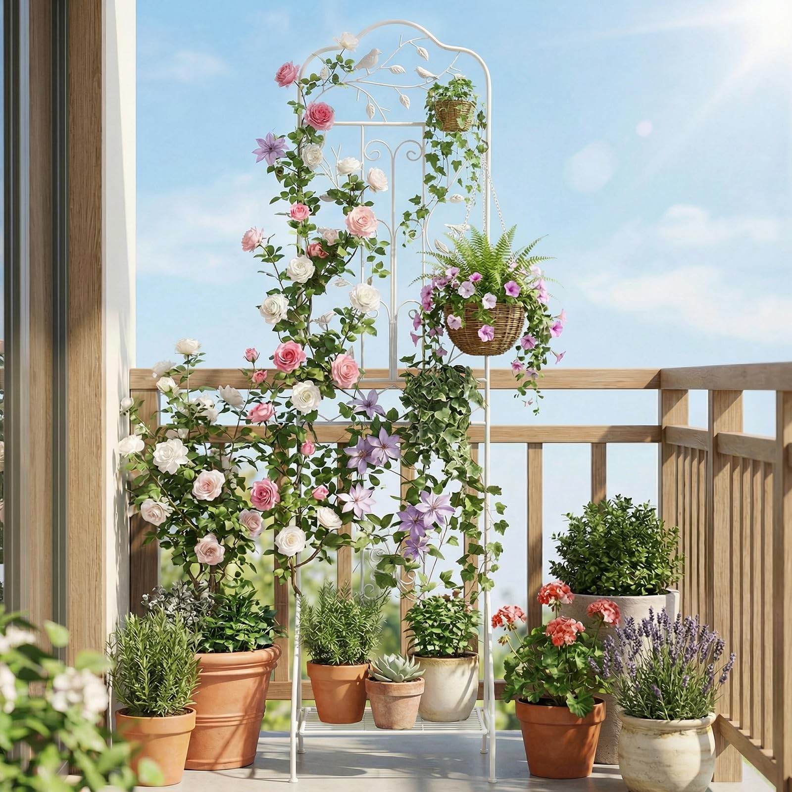 GYMAX Traliccio per Rampicanti in Metallo con Ripiano Pieghevole, Grigliato da Giardino per Recinzione 189,5 x 50 cm, Graticcio Decorativo per Piante Rampicanti per Giardino, Cortile (Bianco,1)