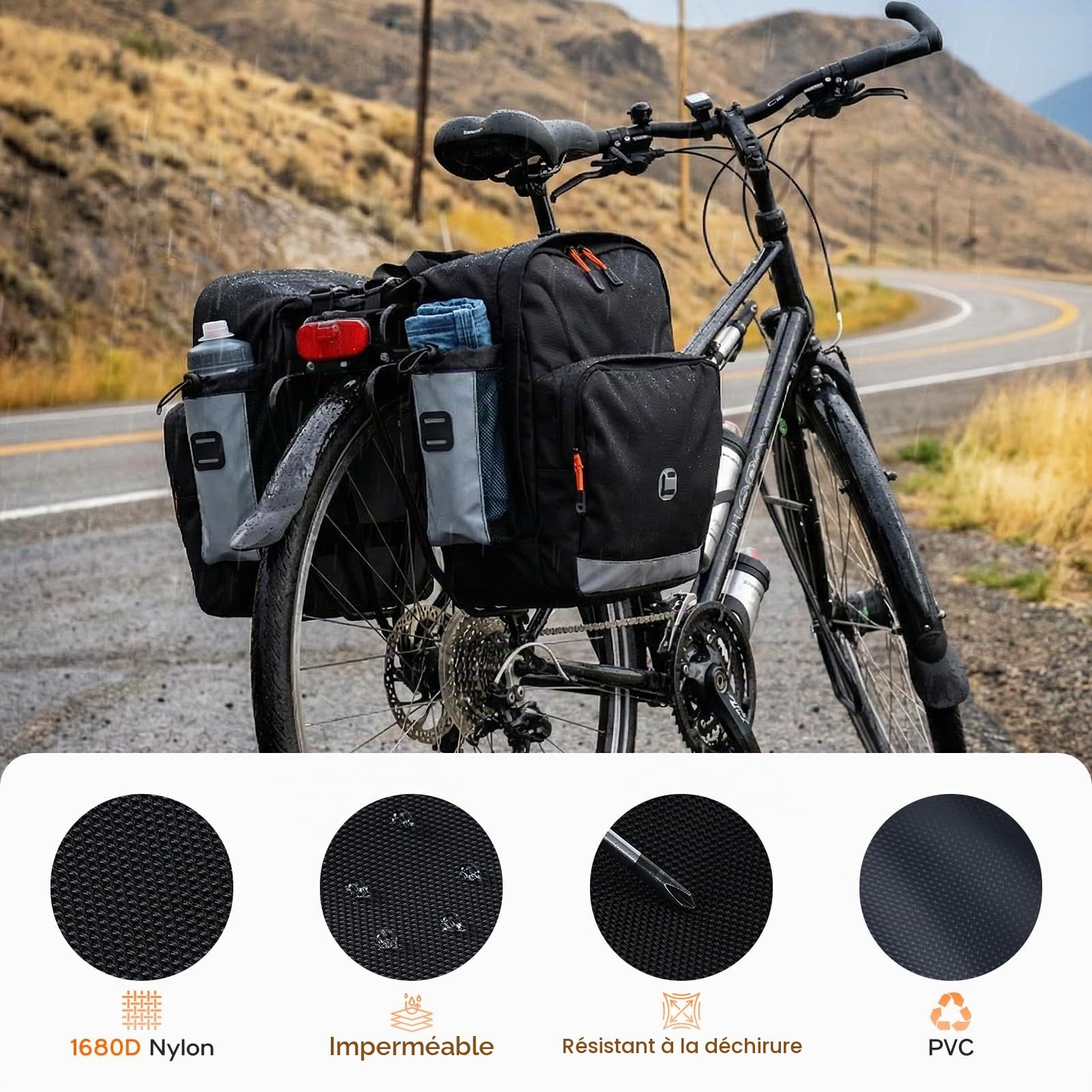 30L Sacoche de Vélo Porte-Bagage Réfléchissant Sacs Porte Bagages Arrière Imperméable Sac de Vélo Double 1680D Nylon Sac de Selle de Vélo Multifonctionnelle pour Cyclisme Excursions Commuting