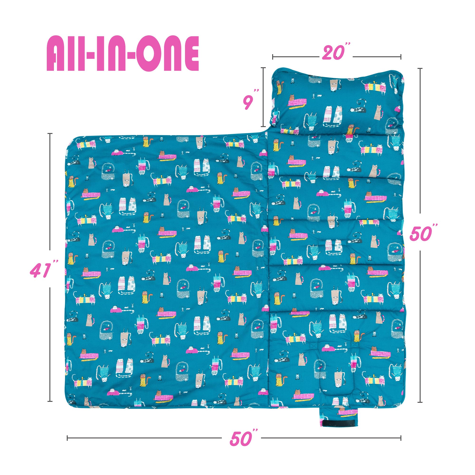 Rossison Nap Mat with Pillow and Blanket 100% Cotton with Microfiber Fill, Padded Sleeping Mat, for Daycare Preschool Toddler Prek Girls Kids (Ladylike Cat, Standard-50 x20)