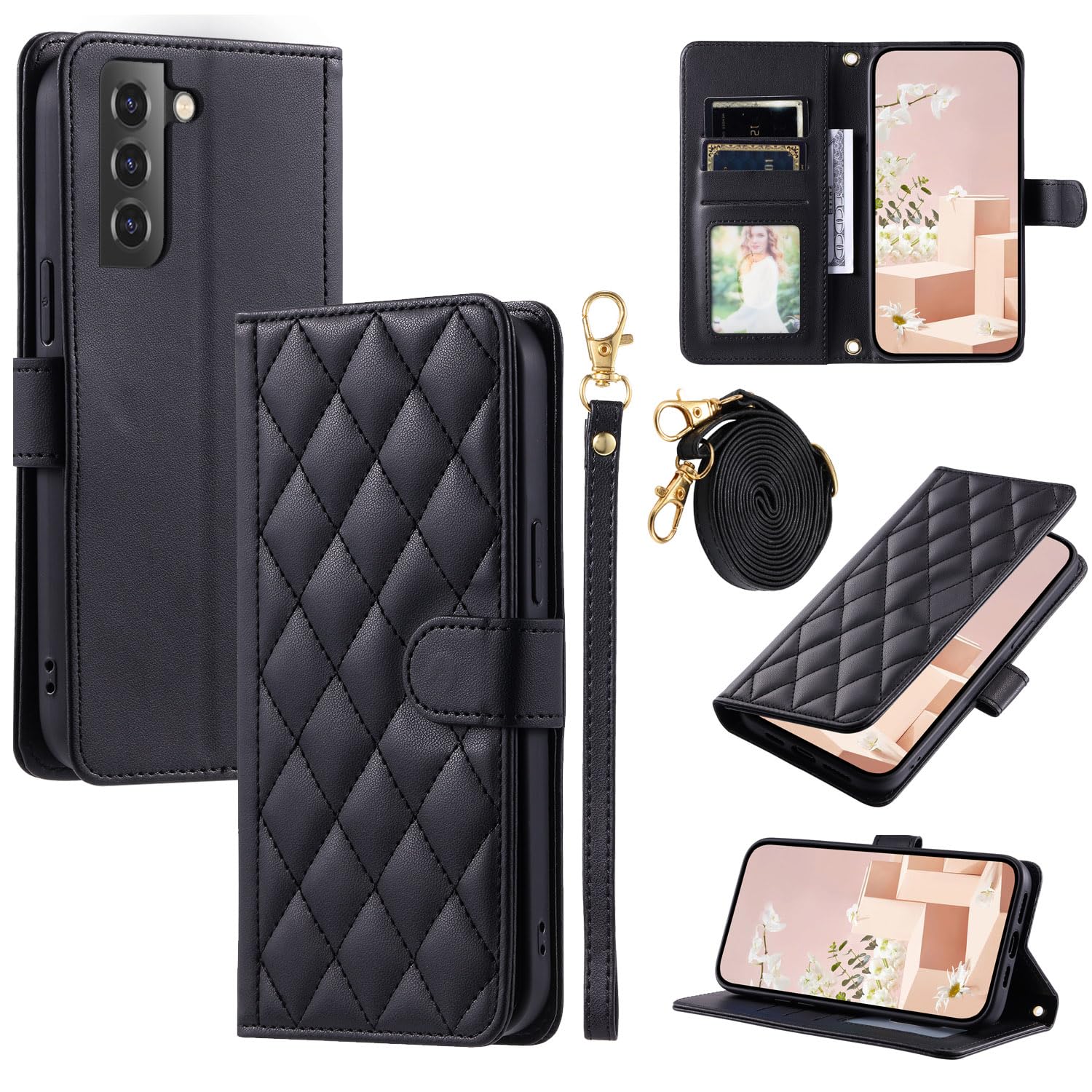 Furiet Wallet Case for Samsung Galaxy S22 Plus S22+ 5G with Wrist Strap, Shoulder Strap, Multiple Card Slots Folio Purse, PU Leather Stand Phone Cover for S22+5G S22plus 22S + S 22 22+ Women Men Black