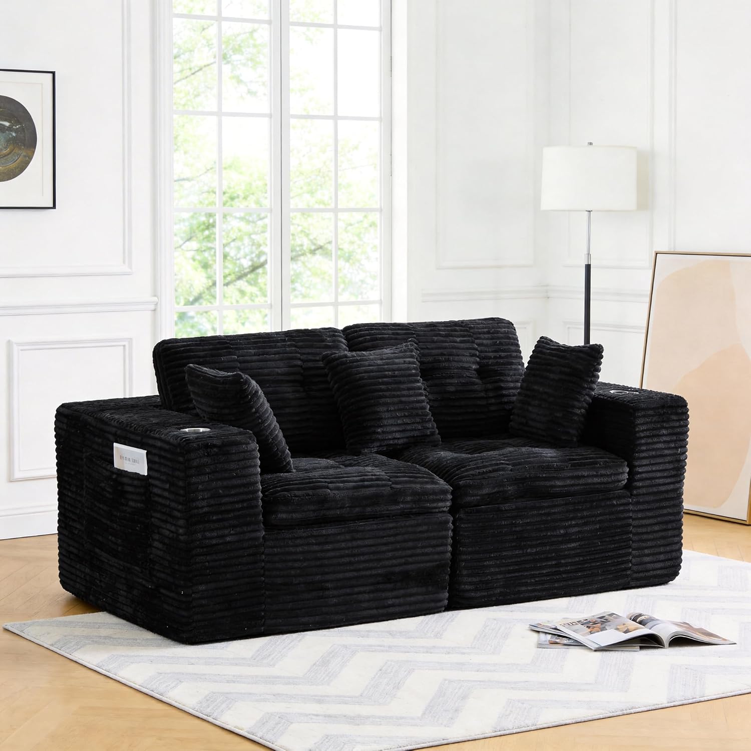 77.96" Corduroy Loveseat Couch, Modular Sectional Sofa, Cloud-Like Deep Seat 2-Seater Upholstered Sofa, No Assembly Required, Comfortable Space-Saving Furniture for Living Room, Black