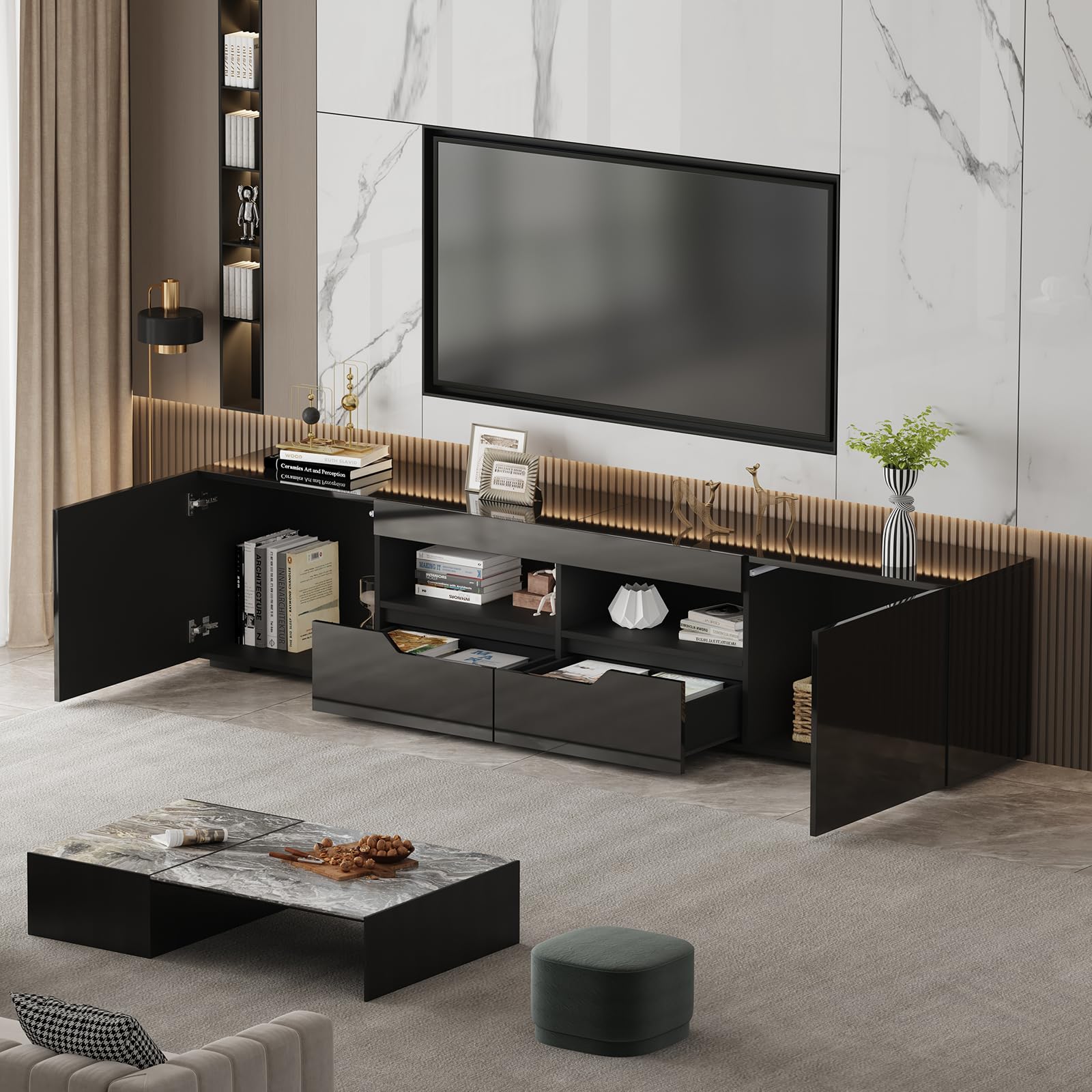 200cm TV Schrank Hochglanz mit LED-Beleuchtung, Schwarz