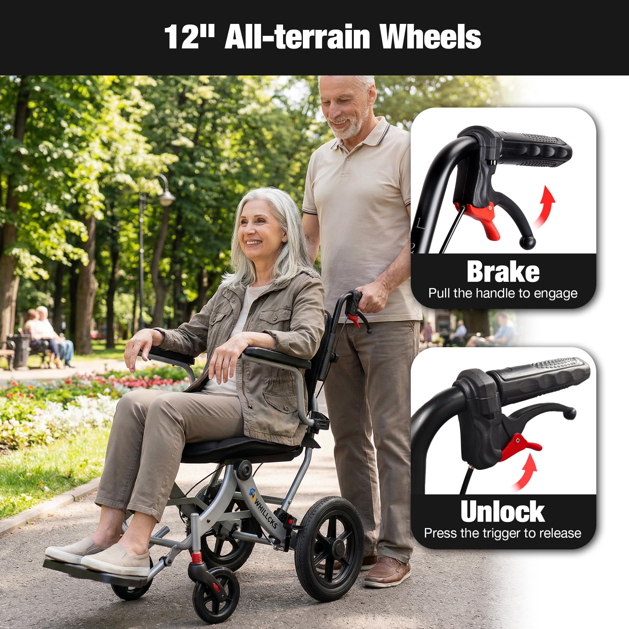 Adult Transport Wheelchair - Lightweight & Foldable -6