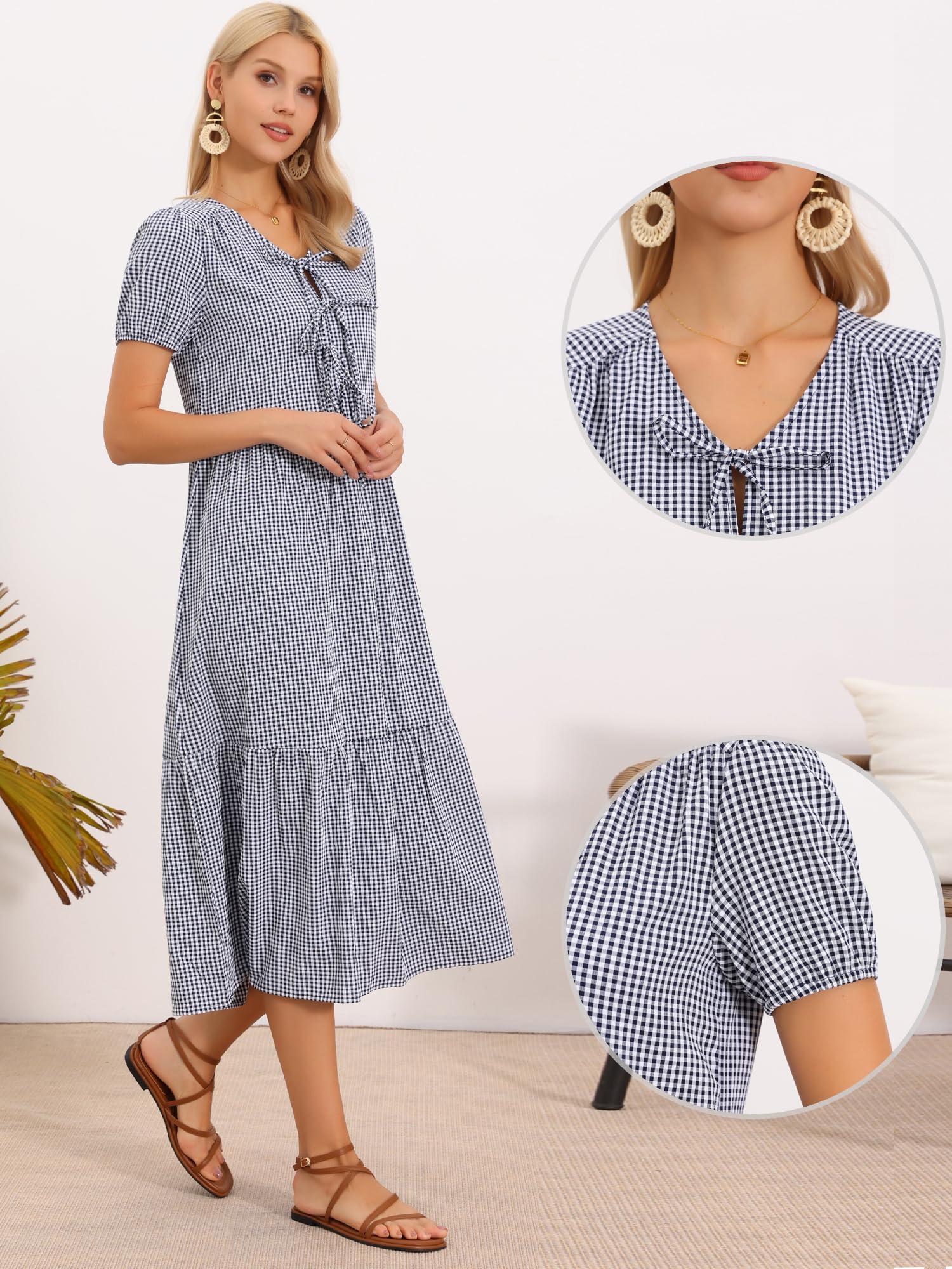 Allegra K Vestito da donna estivo casual con scollo a V a maniche corte con fiocco decorativo