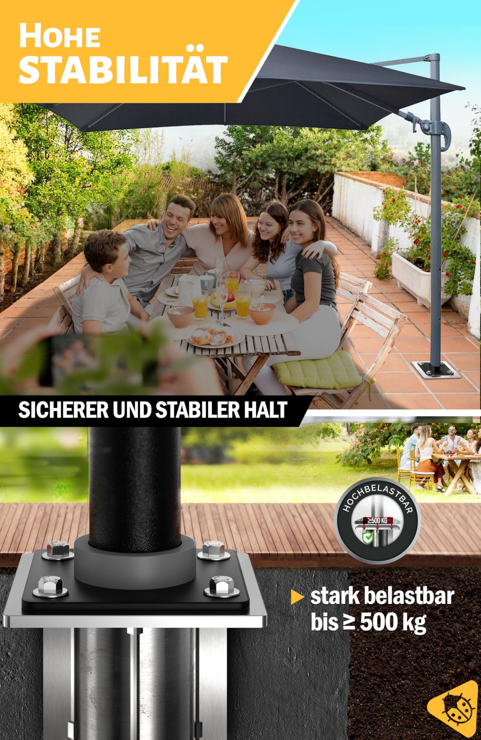 4smile Bodenhülse Sonnenschirm - verzinktem Stahl Bodenanker Ampelschirm mit Bodenplatte zum Einbetonieren, Zeitlose Qualität - Universeller Sonnenschirmständer Ampelschirm, belastbar bis 500 kg