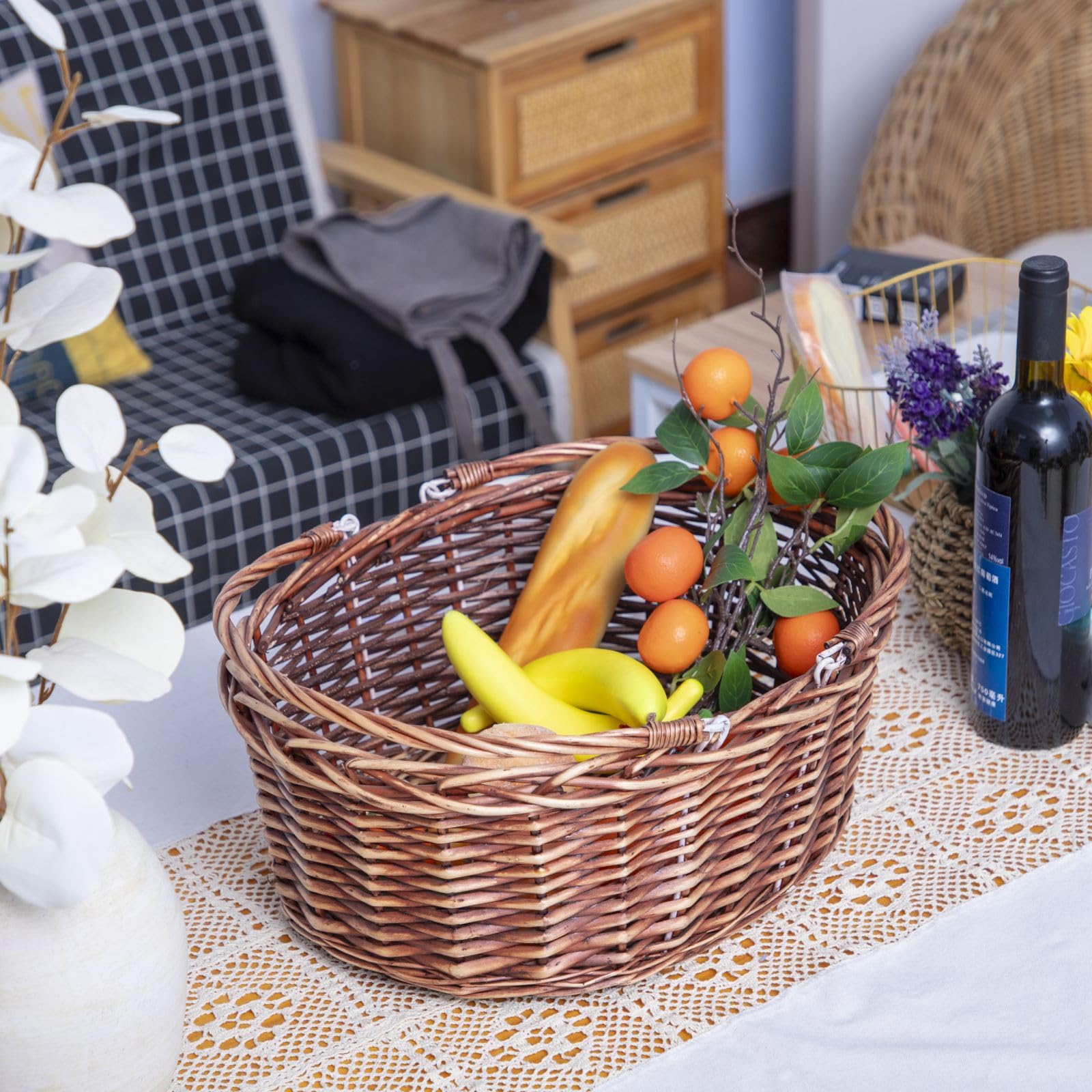 JJSQ Picknickkorb aus Weidengeflecht mit klappbaren Griffen, geflochtene Weidenkörbe zur Aufbewahrung, Garten, Ernte, Ostern, leerer Geschenkkorb, braun, groß 43,2 x 33 x 17,8 cm