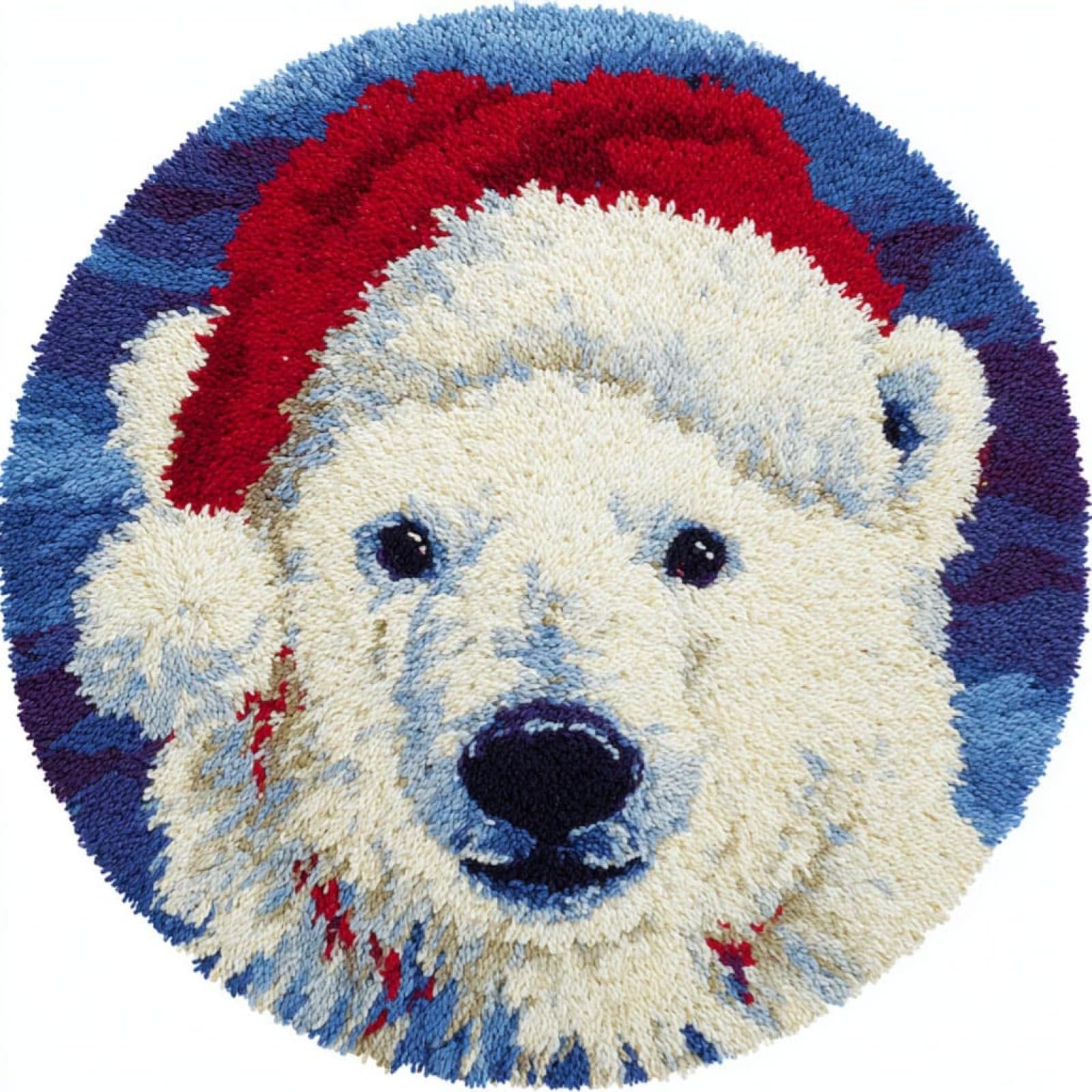 WallustrioaW Latch Hook Rug Kit,Brown Bear Wearing a Santa hat,Carpet Crochet Yarn Kits for Adults,Latch Hook Kits for Adults Colorful Pattern Printed Canvas,50x50cm