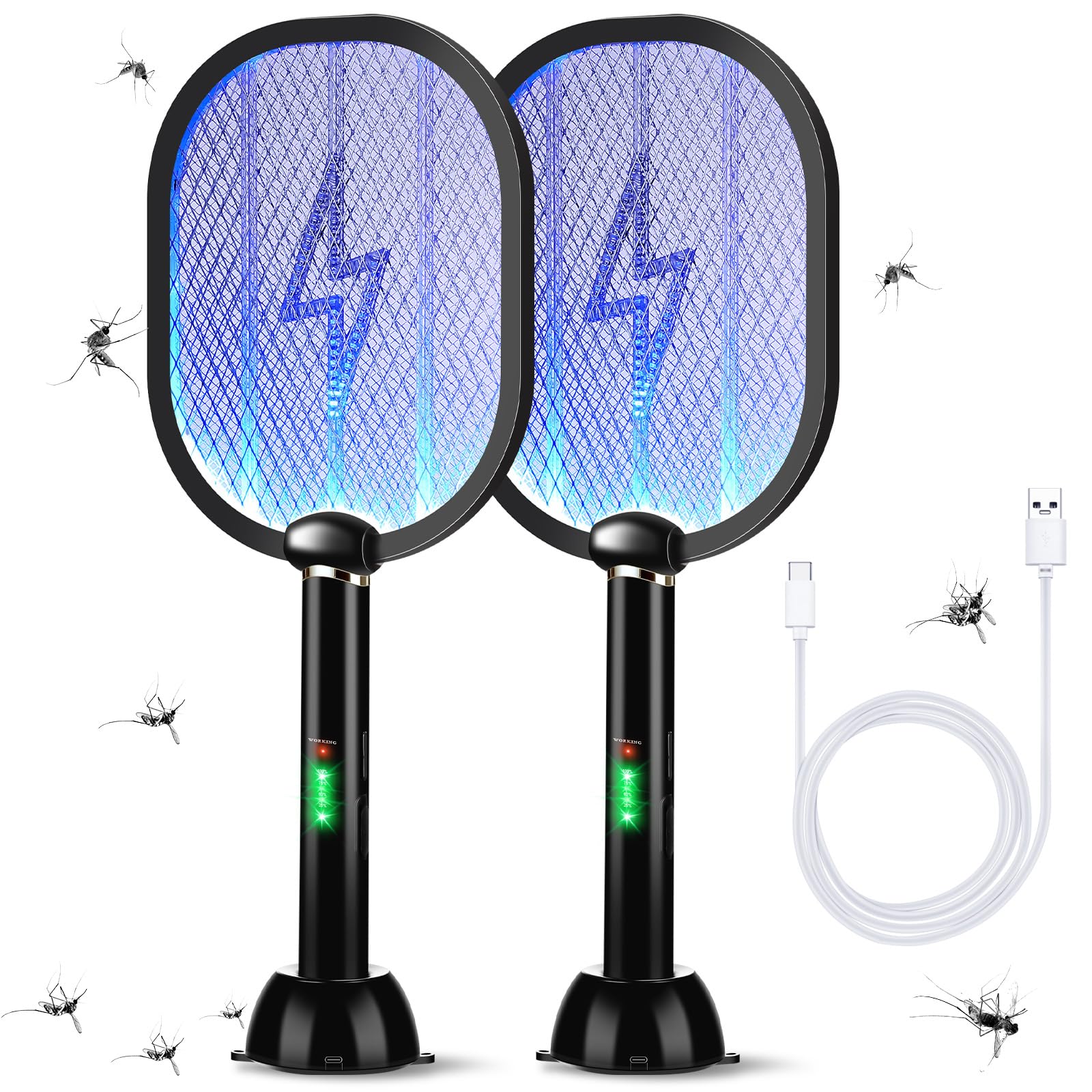 2 Pack Electric Fly Swatter 3000v Bug Zapper Racket 2 in 1 Mosquito Killer Lamp with 3 Layers Safety Mesh, USB Rechargeable with 1200mah Battery for Indoor Outdoor(Black)