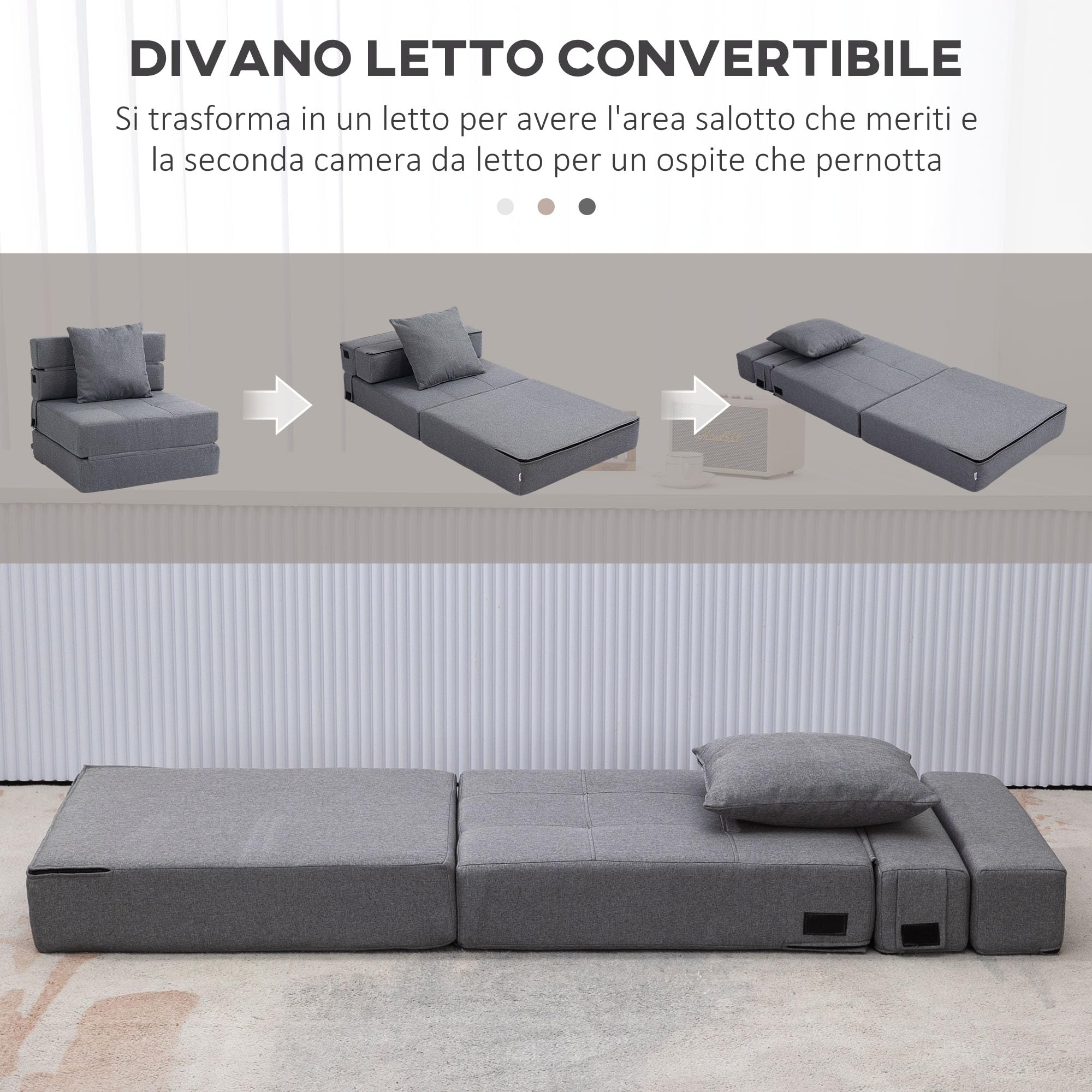 HOMCOM Divano Letto Futon Pieghevole 2 in 1 Convertibile con Cuscino Lavabile, Pouf Letto Singolo da Terra Poltrona Letto Salvaspazio in Tessuto Cotone Traspirante per Casa Yoga Lettura, Grigio Chiaro