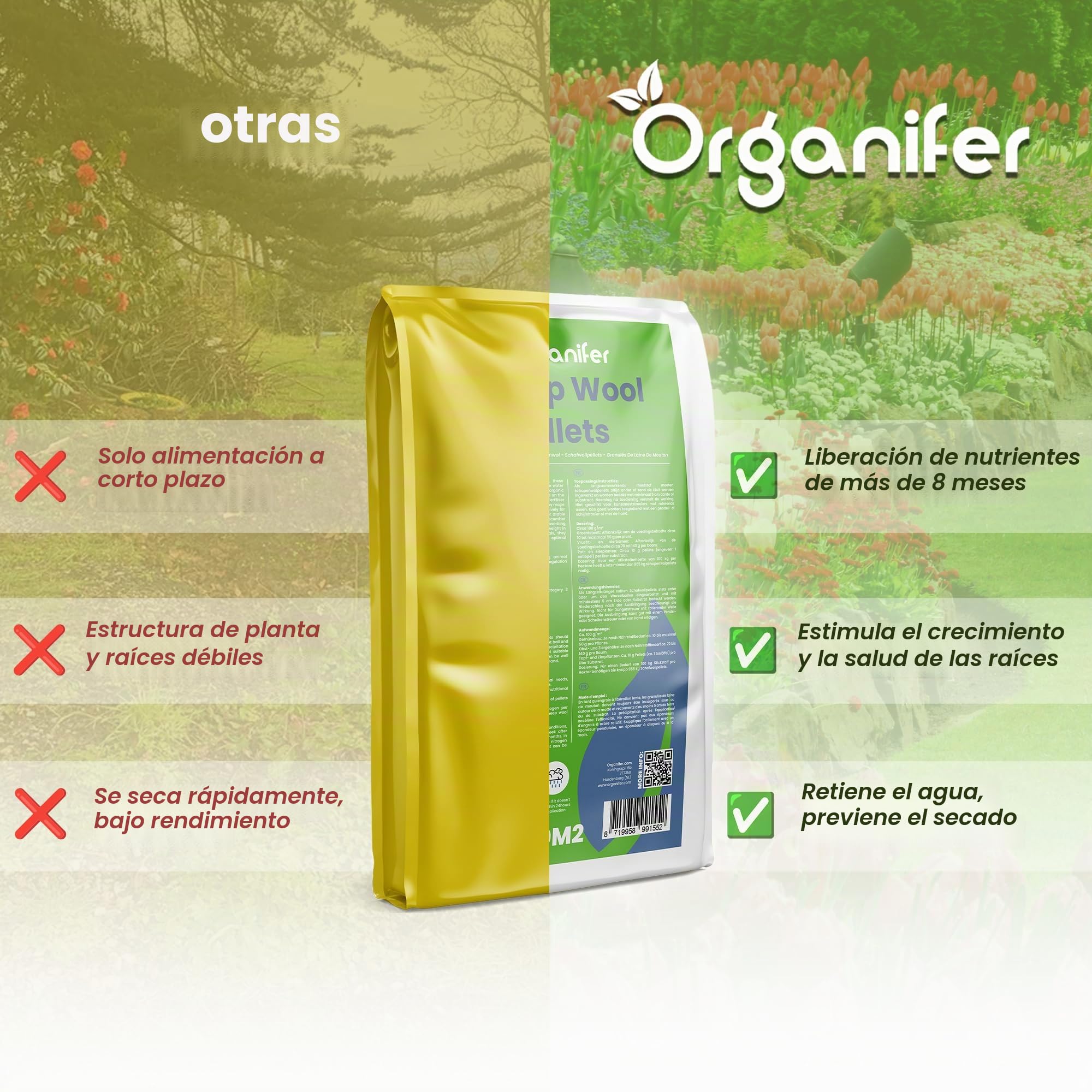 Pellets De Lana De Oveja - 5kg = 50m² | Fertilizante Orgánico - Para Hortalizas - Frutas - Árboles Y Plantas Ornamentales - Organifer