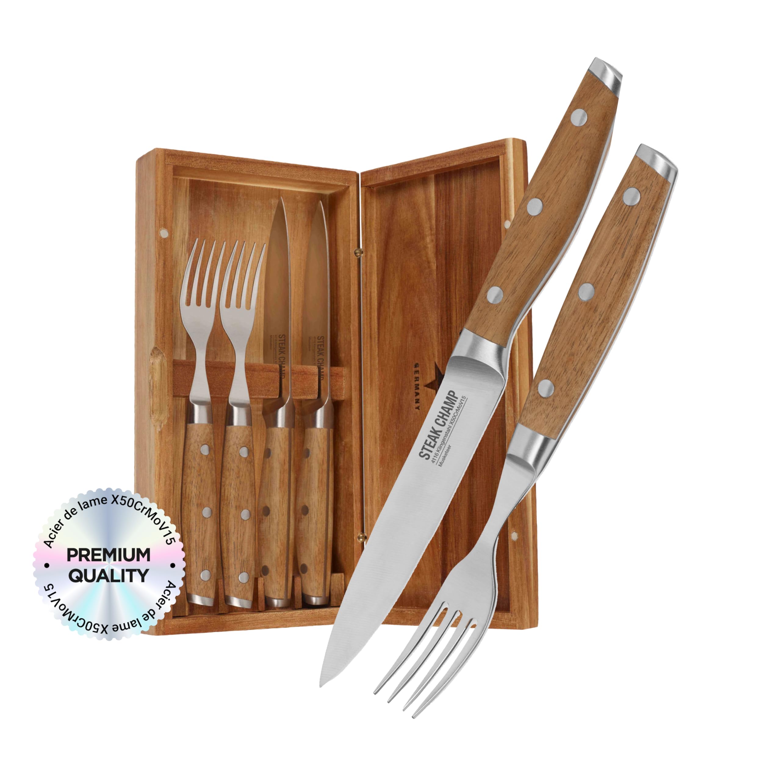 Fourchette à viande et couteau à steak Steak Champ, 2 x 2 pièces : Fourchettes et couteaux en acier à lame, affûtés au micro-ondes, set de 4 pièces, boîte en bois incluse