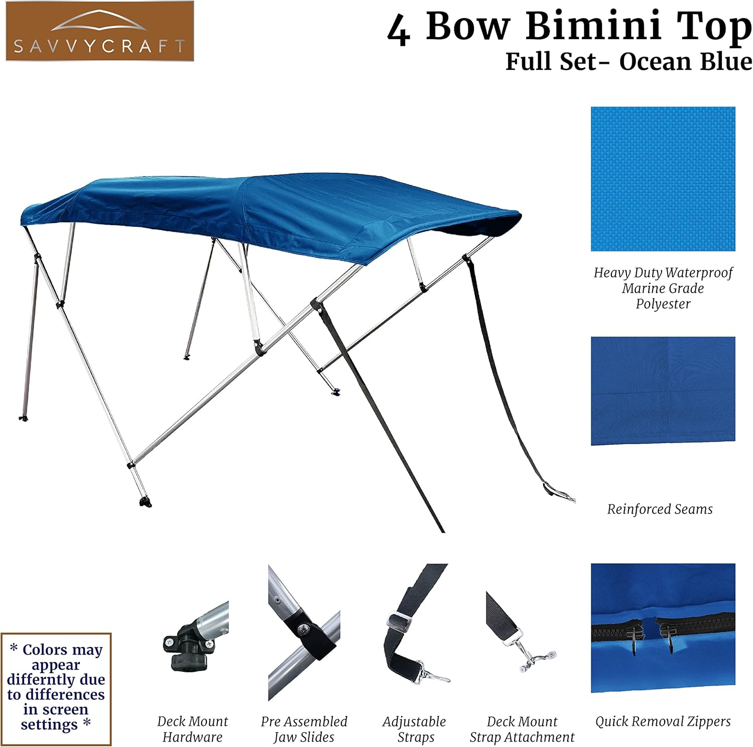 SavvyCraft 4 Bow Bimini Top Boat Cover Blue 4 Bow 96" L 54" H 79"- 84" W W/Boot & Rear Poles
