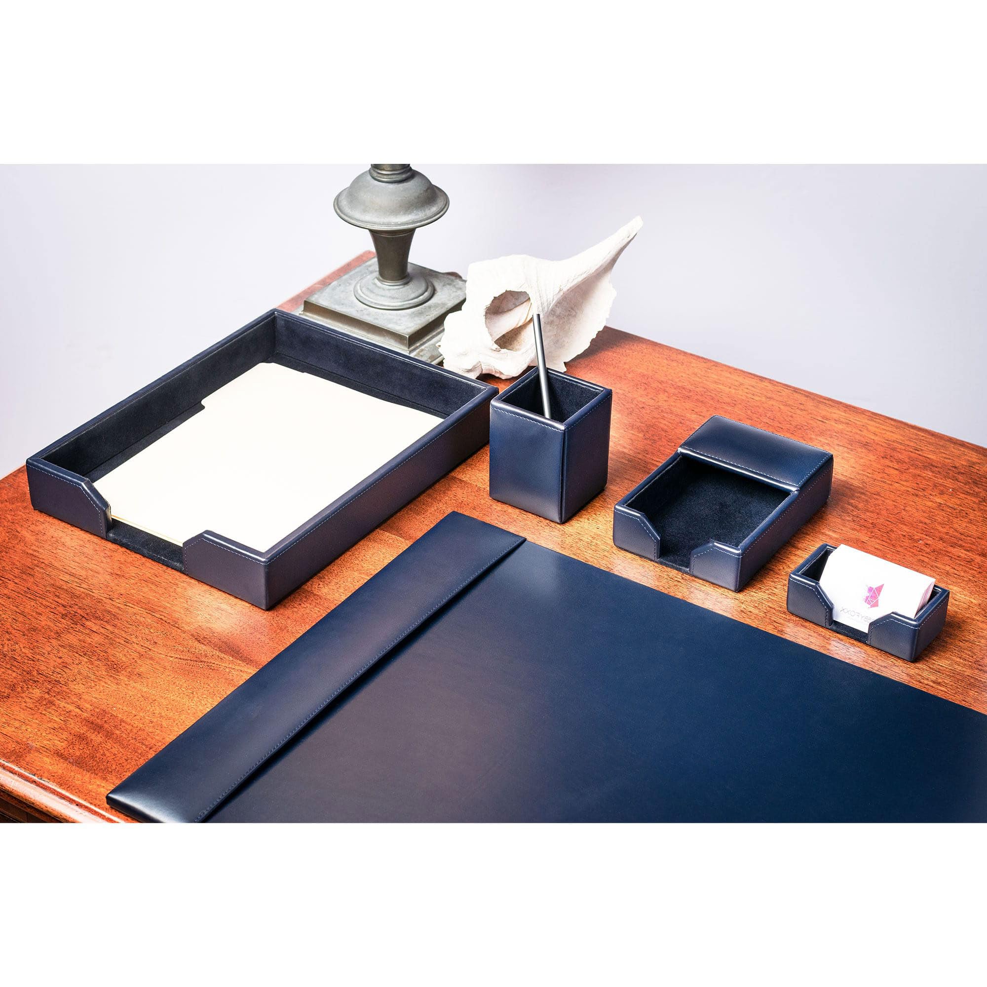 Set da scrivania in pelle 5 pezzi, colore blu navy