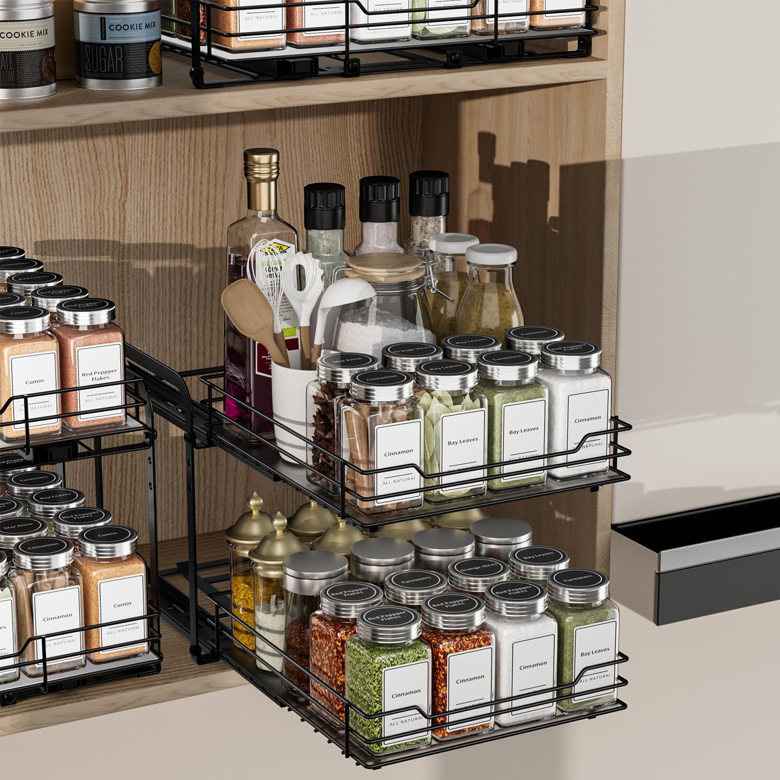 Portaspezie Estraibile Per Armadio, 2 Livelli Regolabile in Altezza, Organizer Spezie Cucina, Organizer Sottolavello, Porta Spezie Salva Spazio P26.4*L23.8*A23CM