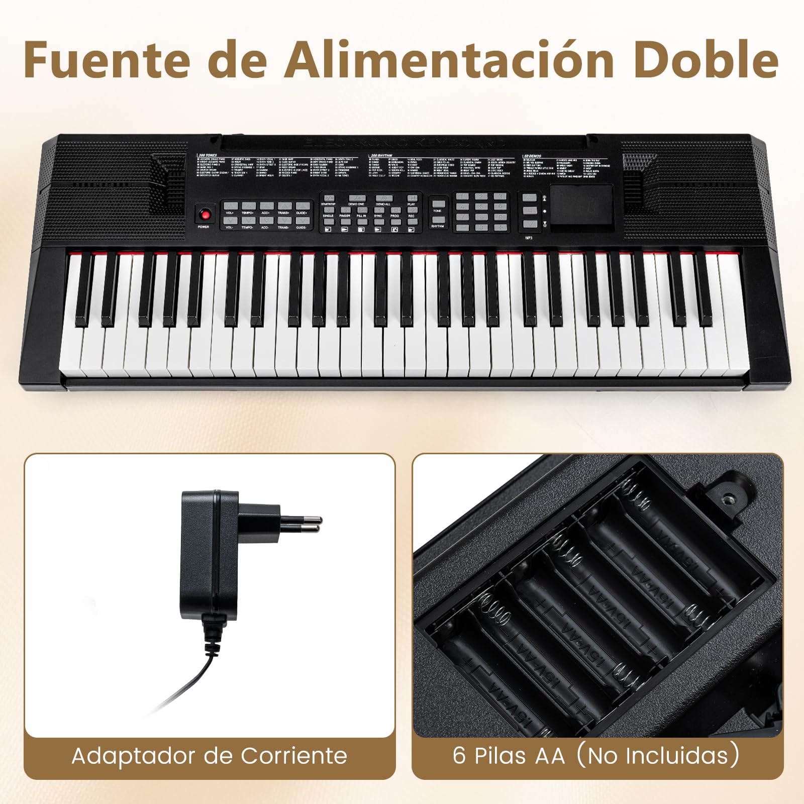 COSTWAY Piano Electrico, Teclado de Piano de 54 Teclas Multifunción para Principiantes, Kit de Teclado Eléctrico con 200 Ritmos y 200 Tonos, 60 Demostraciones, Atril, Instrumento para Niños y Adultos