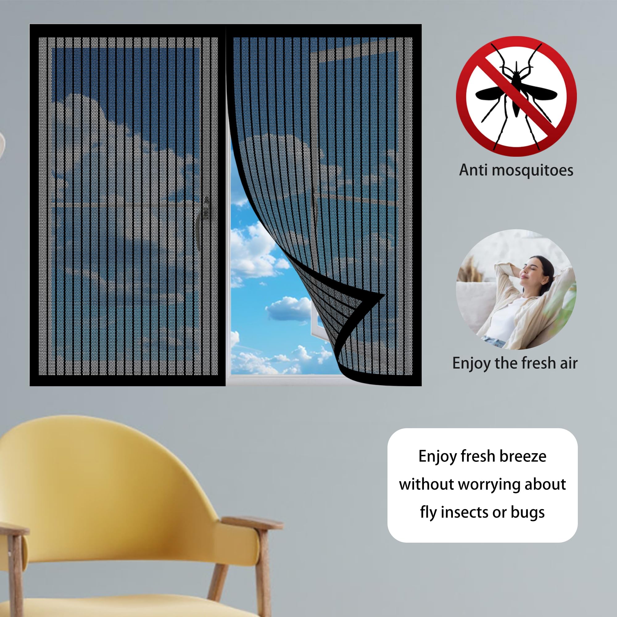Insektenschutz Fliegengitter Fenster 180 x 180 cm Insektenschutz Magnetvorhang Fliegennetz Moskitonetz Ohne Bohren Einfache Installation für Balkonfenster Terrassenfenster, Schwarz