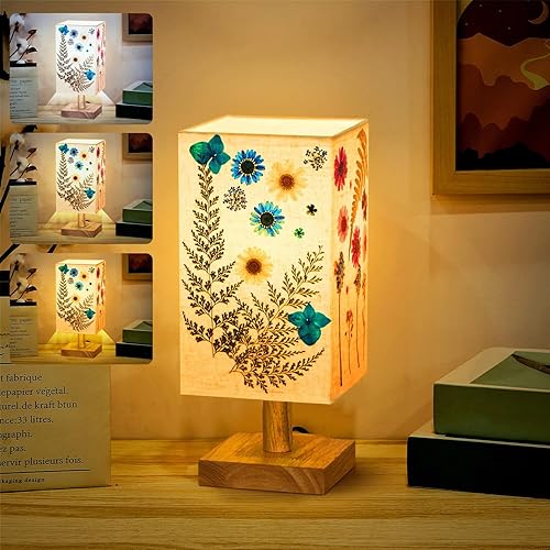 Hortsun Lámpara de flores prensadas, lámpara pequeña de mesa vintage, decoración de casa de campo, luz nocturna bohemia decorativa rústica para