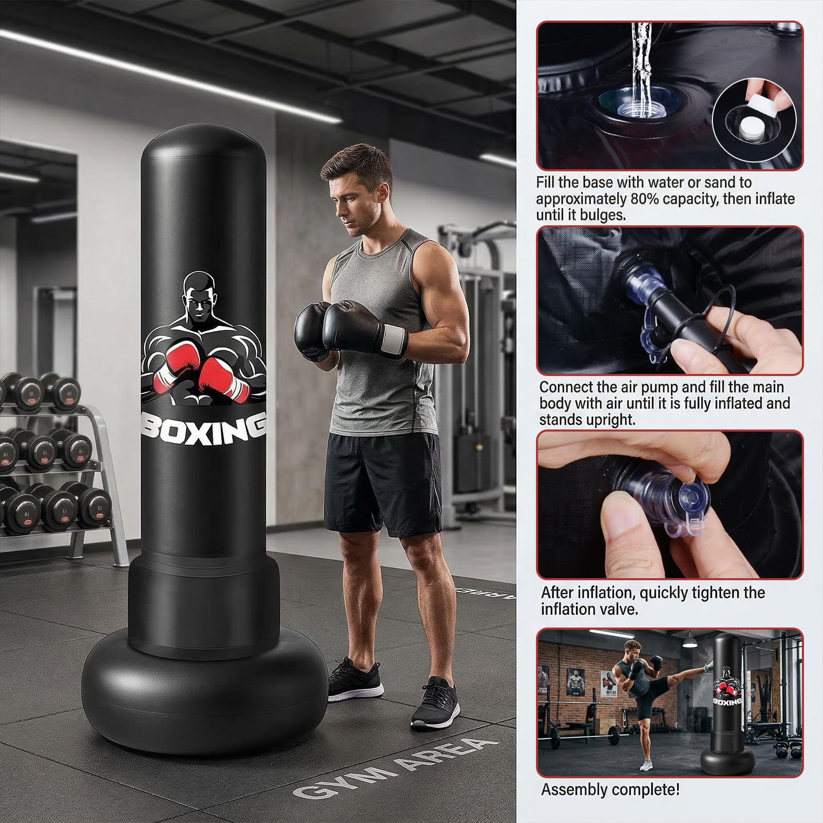 Sacco da Boxe Autoportante 180 cm, in PVC Rinforzato da 0.35mm Gonfiabile con Guantoni e Pompa Ideale per Adulti, Giovani, Arti Marziali, Fitness