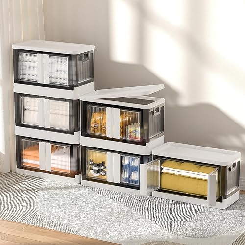 HoneySky Paquete de 6 contenedores de almacenamiento de 34 cuartos de galón con tapas y ruedas, organizadores de armario plegables y apilables,