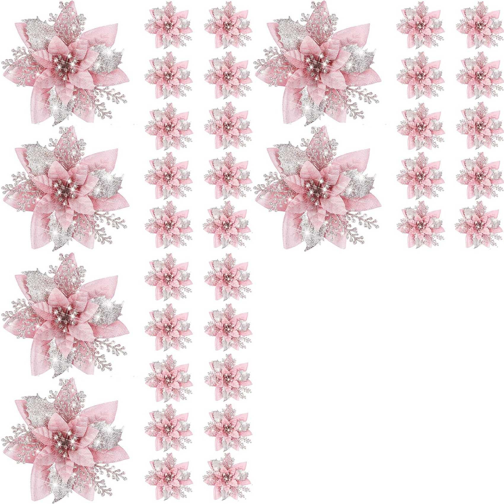 Hndhbfgrt 60PCS 14.5cm Glitter Artificial Christmas Flowers Merry Christmas Tree Decoration Happy New Year Ornaments Xmas,A