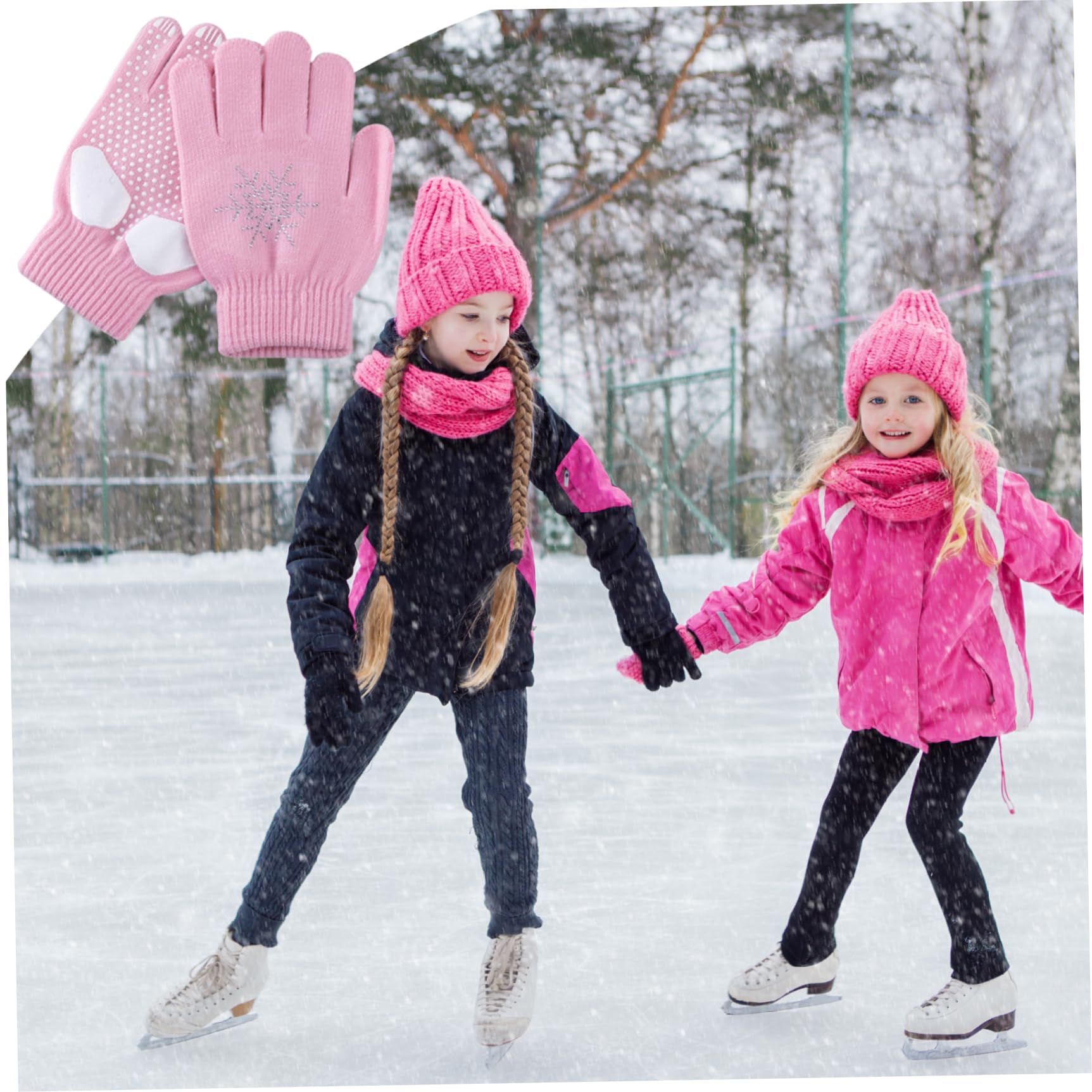 Gants de Patinage Artistique Antidérapants Épais Tricotés Flocons de Neige Strass Chauds pour Cyclisme Randonnée