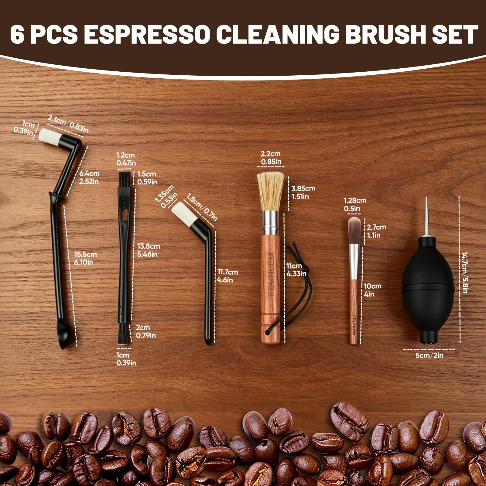 Kit de limpieza para molinillo de café, juego de cepillos para máquina de café expreso, 6 piezas con cepillo de cabeza de grupo, cepillo de largo alcance, cepillo de madera de nogal, soplador