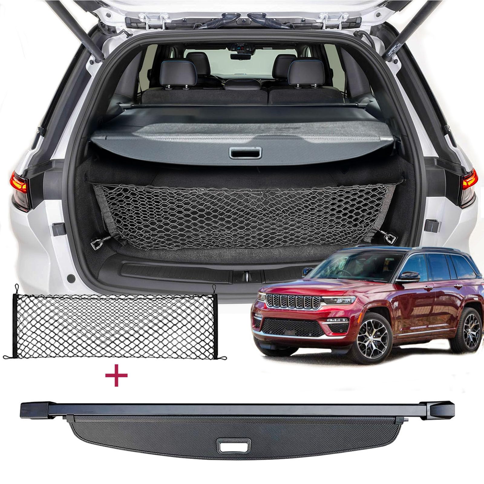 Cargo Cover for 2021-2026 Jeep Grand Cherokee L(3-Row Only;WL) Accessories,Retractable Luggage Security Shield Shade Privacy Trunk Cover (Carbon Fiber Look, for Jeep Grand Cherokee L)