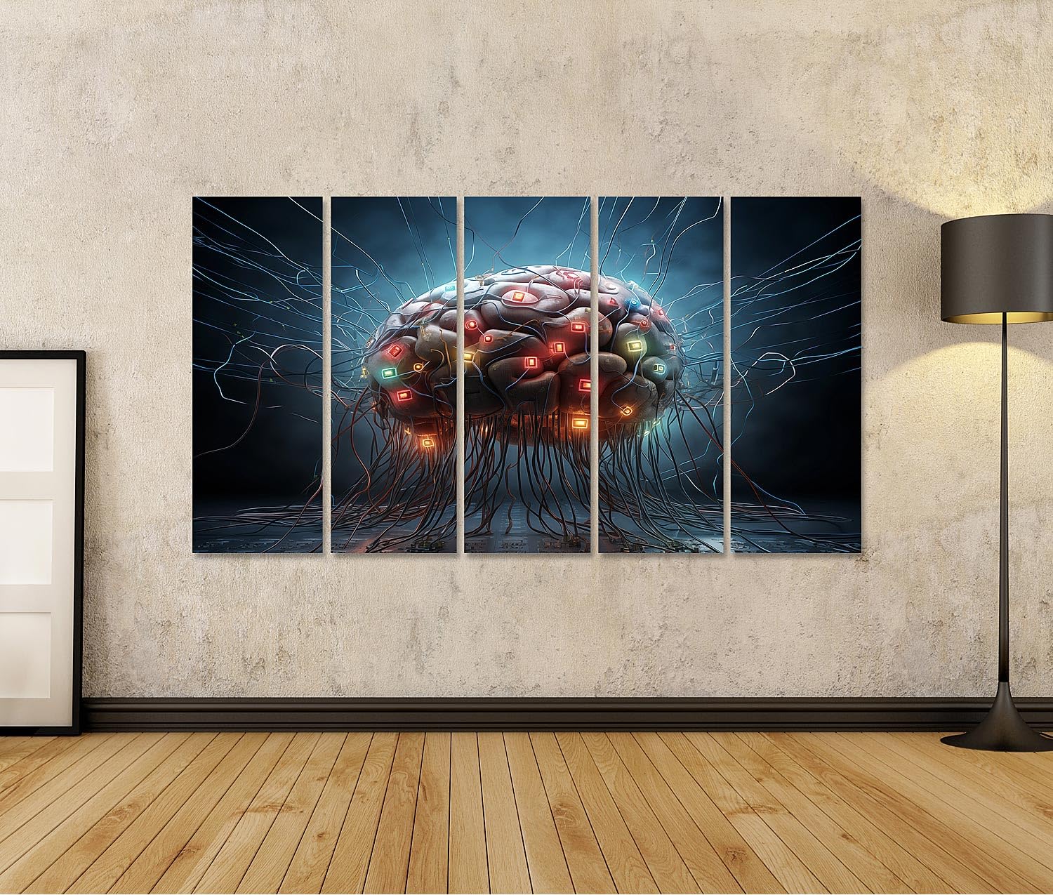 islandburner Primer cuadro sobre lienzo Cerebro humano con muchos cables conectados - IA, redes, aprendizaje automático, biotecnología imágenes murales carteles