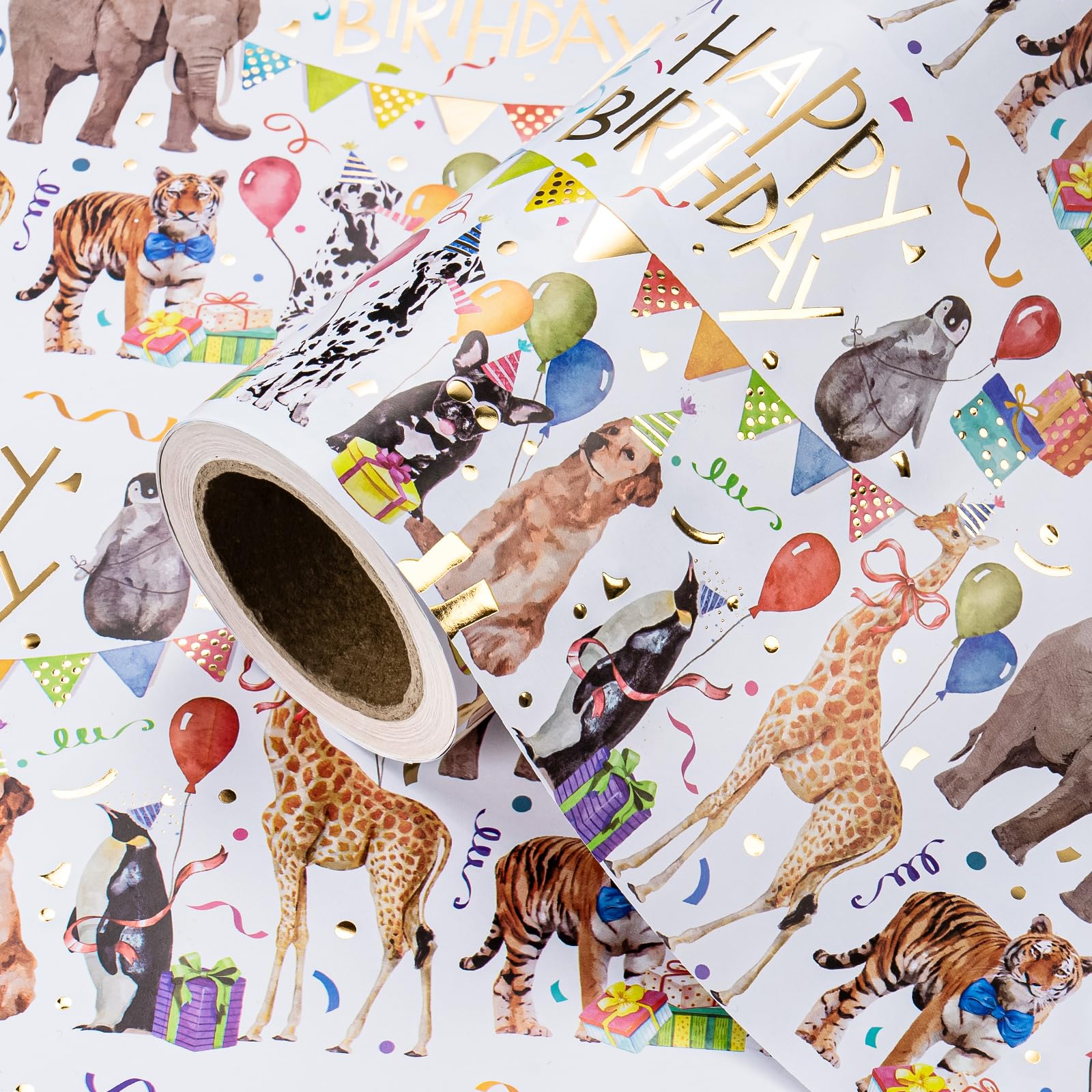 WRAPAHOLIC Animal Birthday Wrapping Paper Roll - Mini Roll - 17 Inch x 16.5 Feet - Gold Foil Happy Birthday and Adorable Animal Wrapping Paper for Kids Boys Girls, Baby Shower