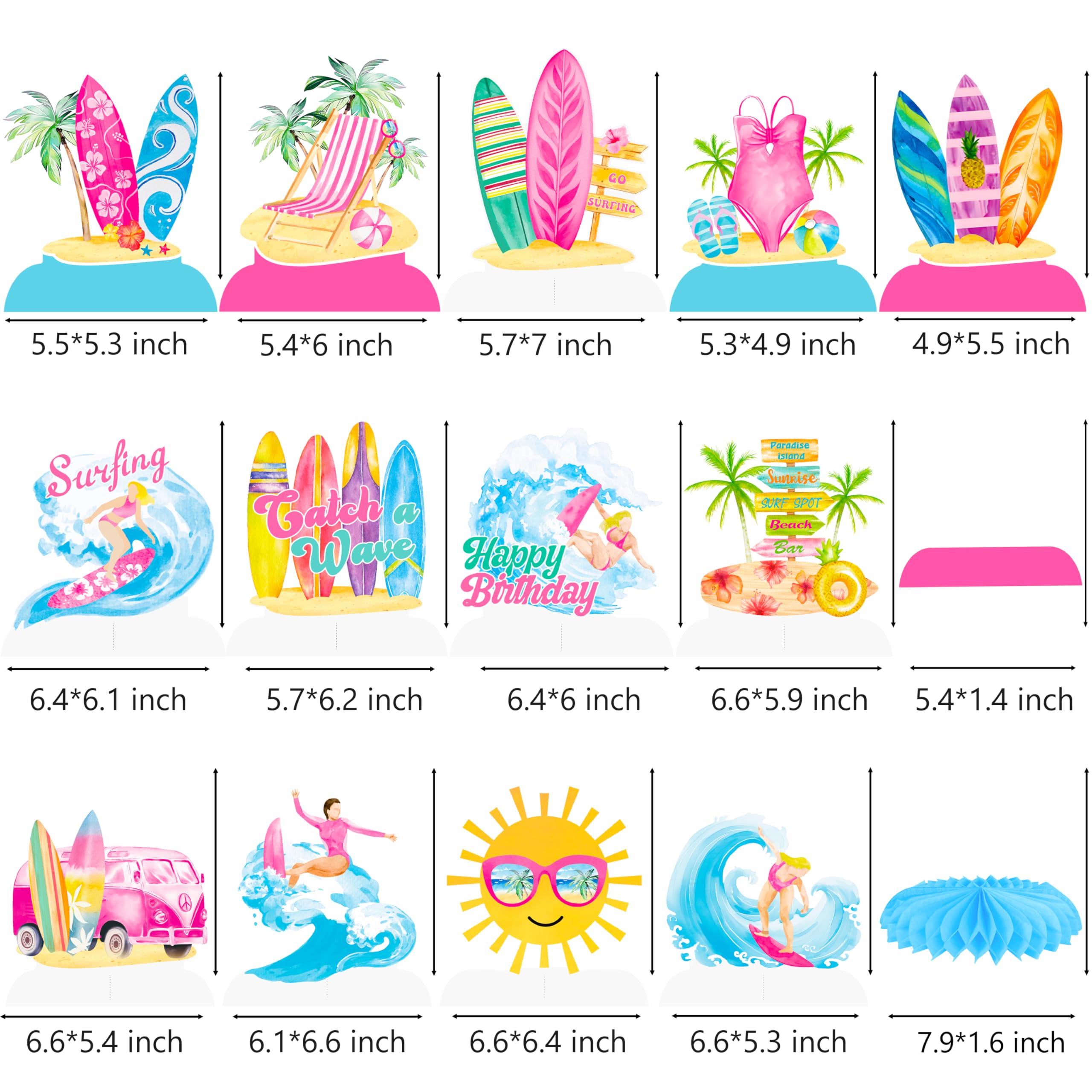 Summer Surf Party Honeycomb Centerpieces 13Pcs Vintage Surfing Surfboard Birthday Party Decorations for Girls Pink Surfer Van Surfboard Theme Centerpieces for Hawaii Beach Surf Party Supplies