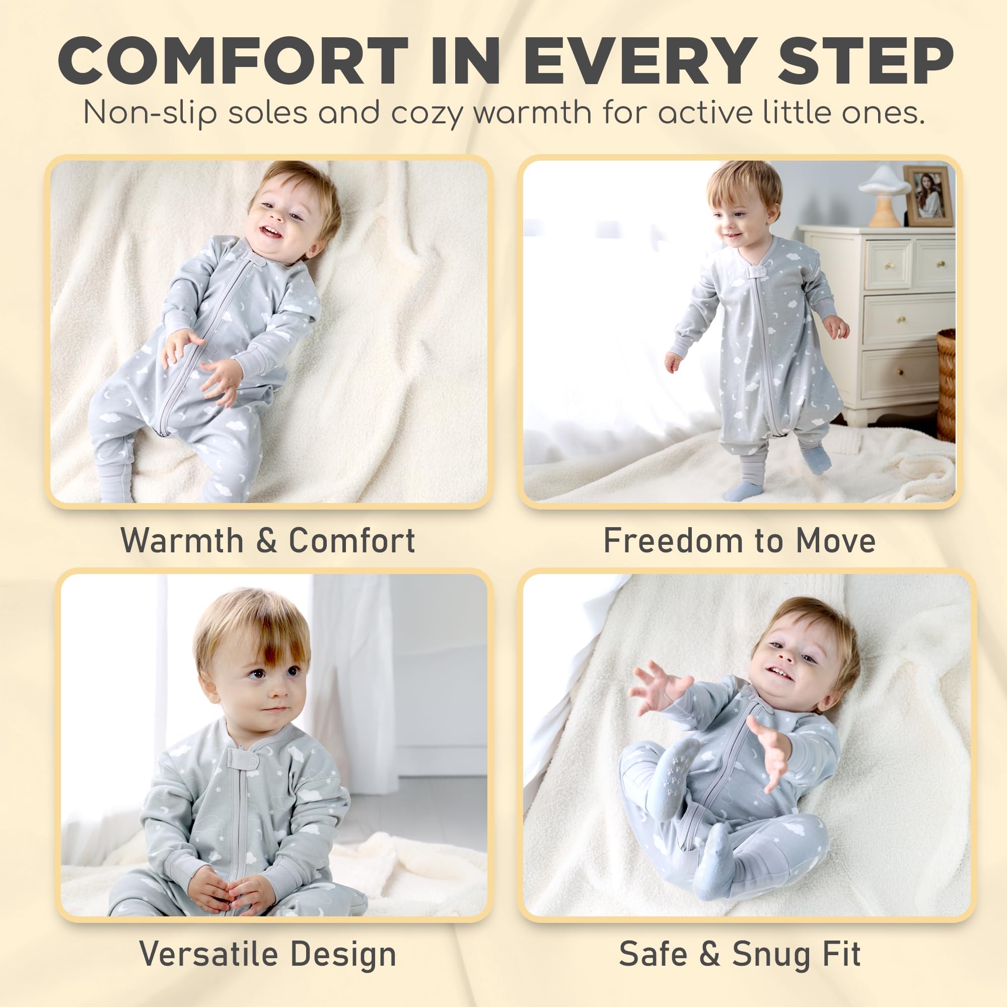 Mama Cheetah Sacco nanna per bambini con piedi, maniche lunghe, 1,0 Tog, 100% cotone biologico, sacco nanna con gambe, coperta indossabile per escursionisti, con cerniera a 2 vie, coperta per bambini