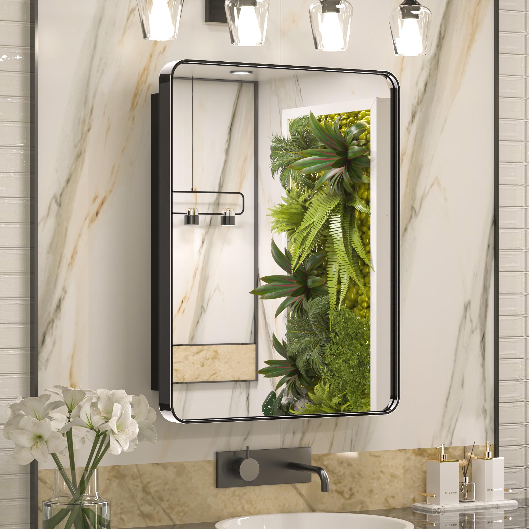 Keonjinn 24 x 32 Inch Medicine Cabinets for Bathroom with Mirror Adjustable Shelves Recessed Black Framed Stainless Steel Single Door Rounded Rectangle Wall Mounted Mirrored Bathroom Medicine Cabinets