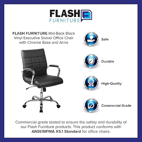 Miniatura 11 de Flash Furniture Vivian - Silla de escritorio tapizada de vinilo giratoria con respaldo medio y apoyabrazos, silla de oficina acolchada de altura